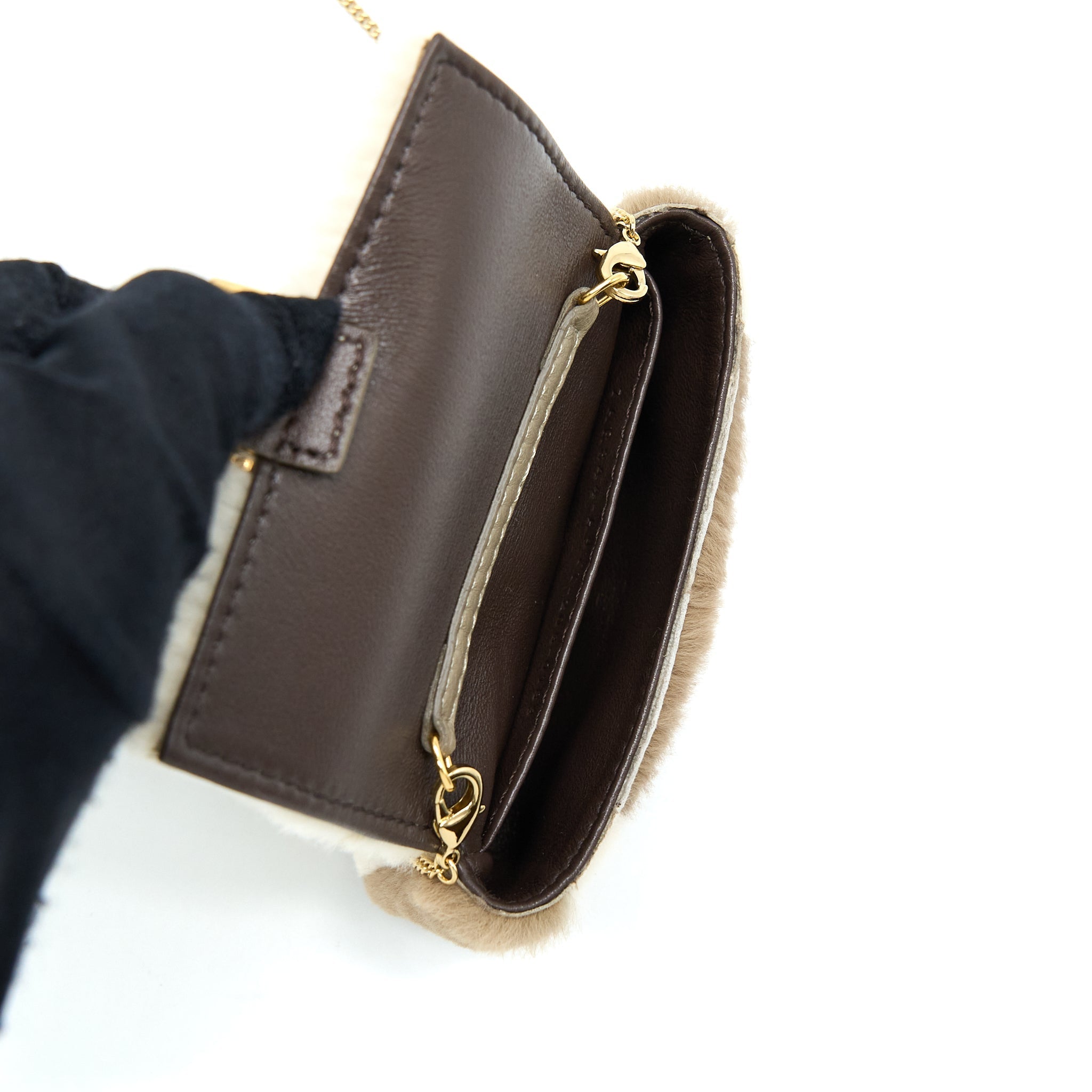 FENDI NANO BAGUETTE CHARM BAG WITH CHAIN BROWN/ CREAM GHW