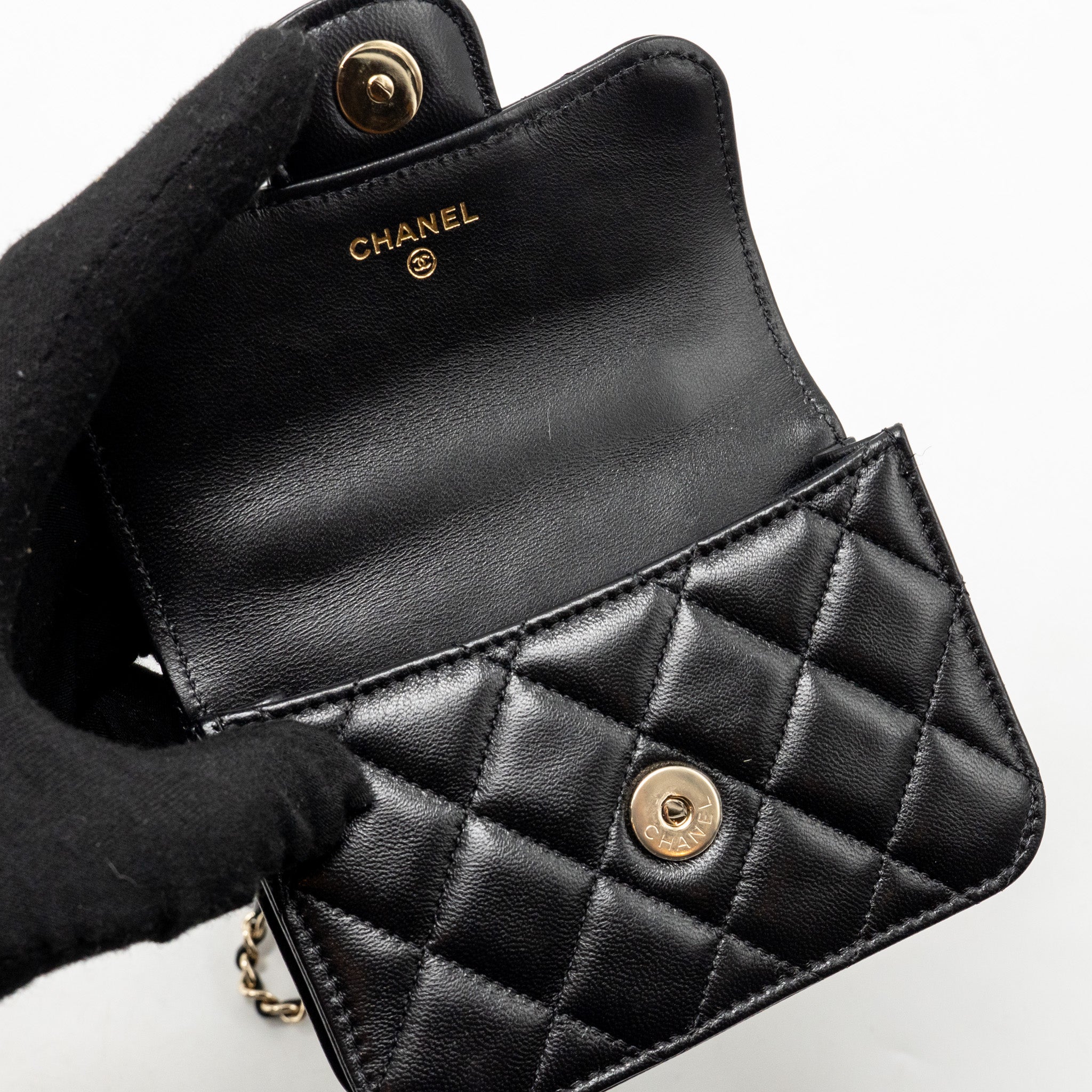 CHANEL MINI TOP HANDLE FLAP COIN PURSE WITH CHAIN LAMBSKIN BLACK LGHW