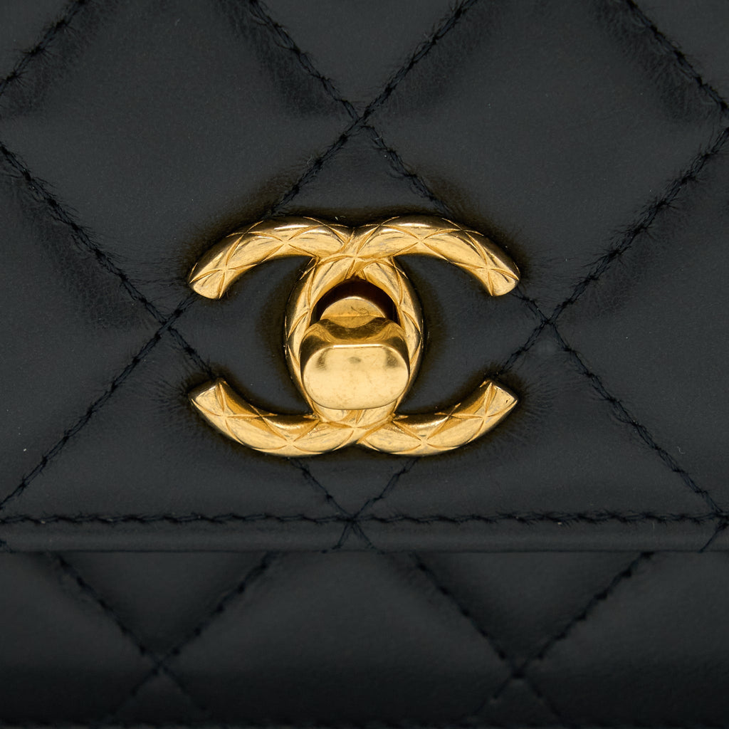CHANEL 22K GOLD PILLAR WALLET ON CHAIN LAMBSKIN BLACK BRUSHED GHW(MICROCHIP)