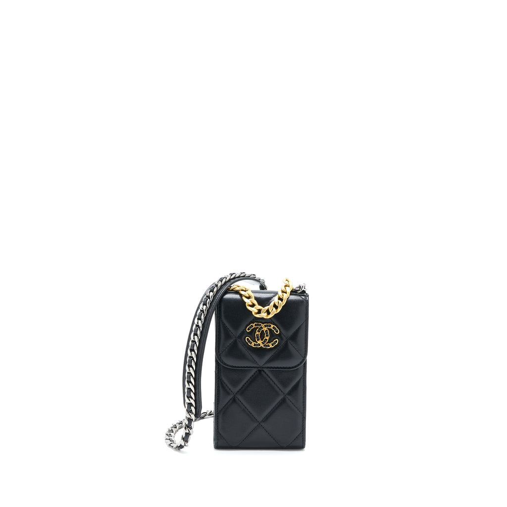 CHANEL 19 PHONE POUCH WITH CHAIN LAMBSKIN BLACK MULTICOLOUR HARDWARE