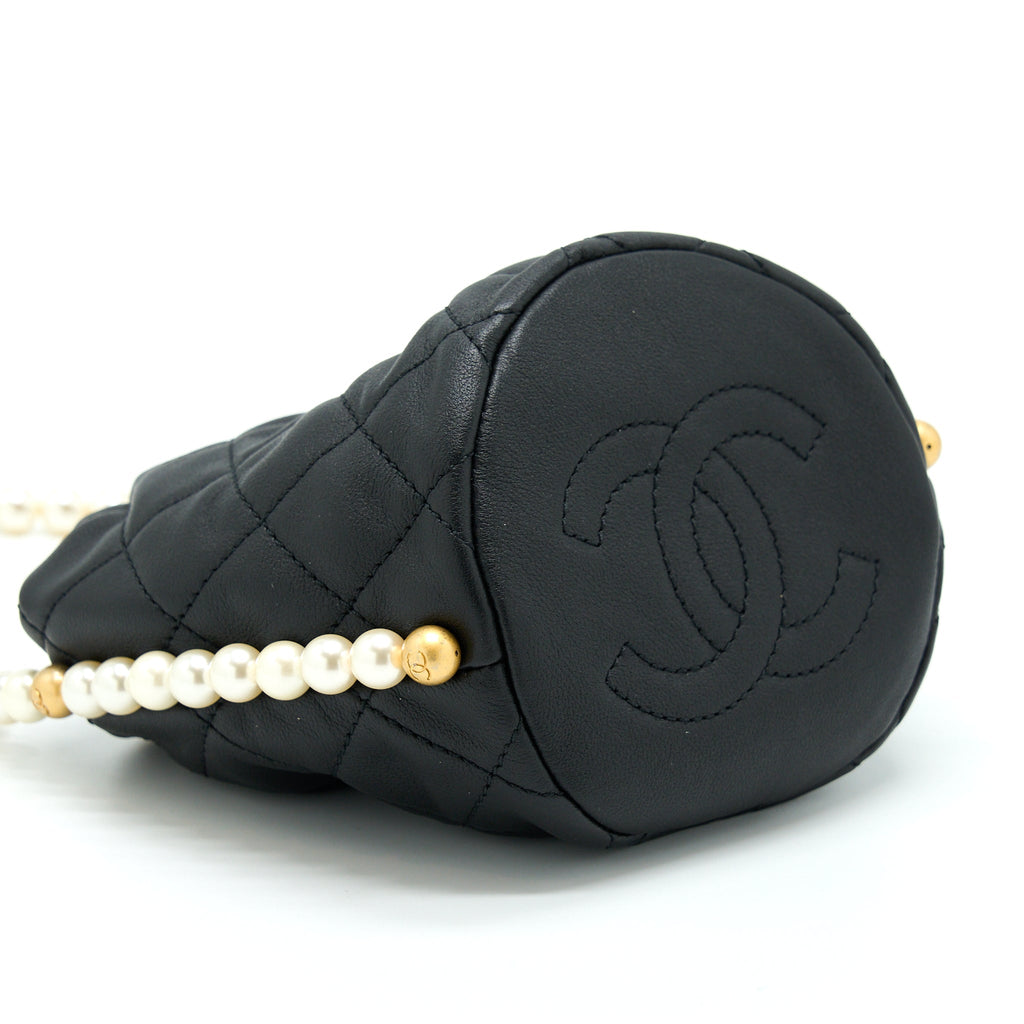 CHANEL MINI BUCKET BAG WITH PEARL CHAIN LAMBSKIN BLACK GHW