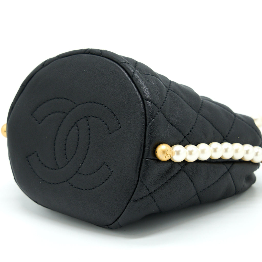 CHANEL MINI BUCKET BAG WITH PEARL CHAIN LAMBSKIN BLACK GHW