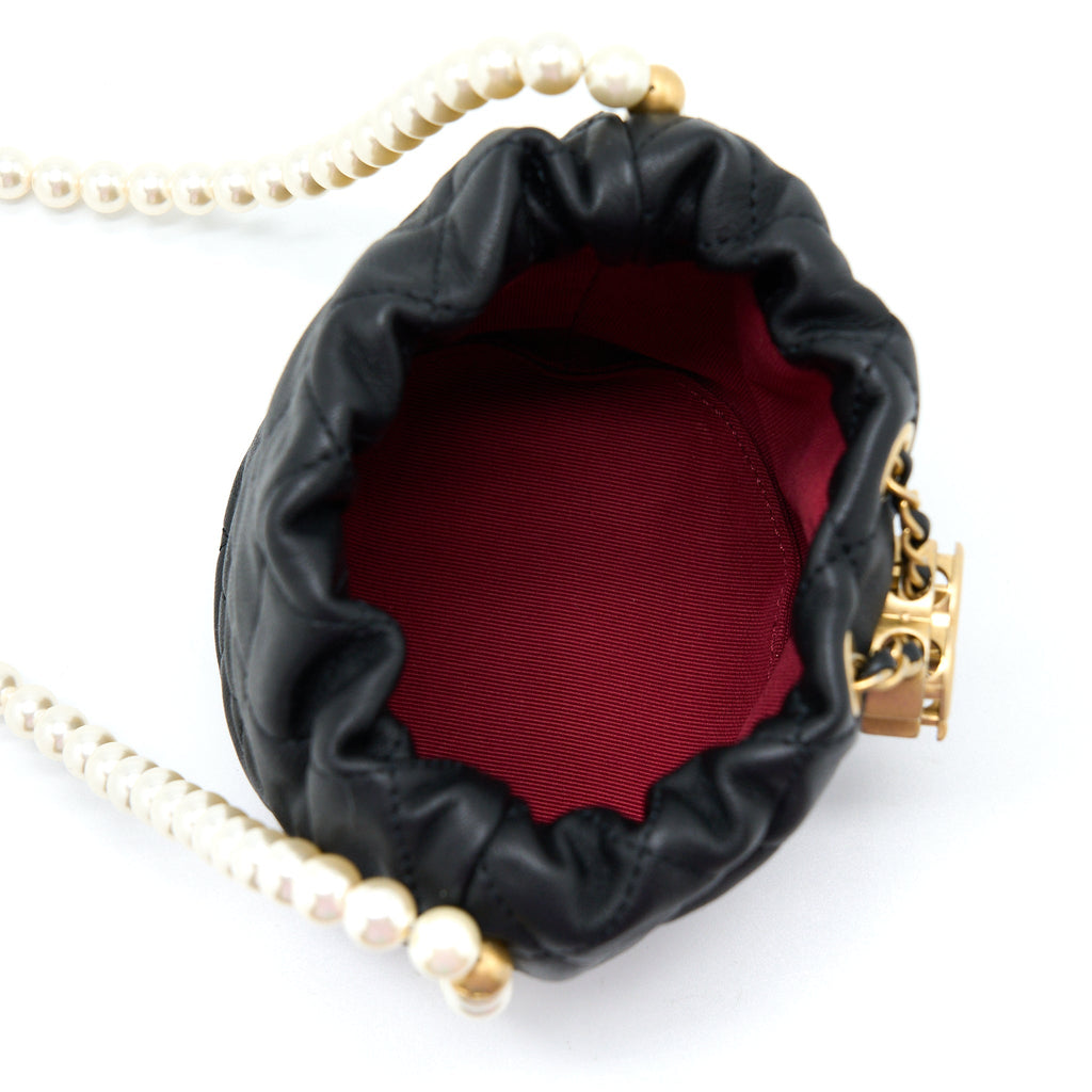 CHANEL MINI BUCKET BAG WITH PEARL CHAIN LAMBSKIN BLACK GHW