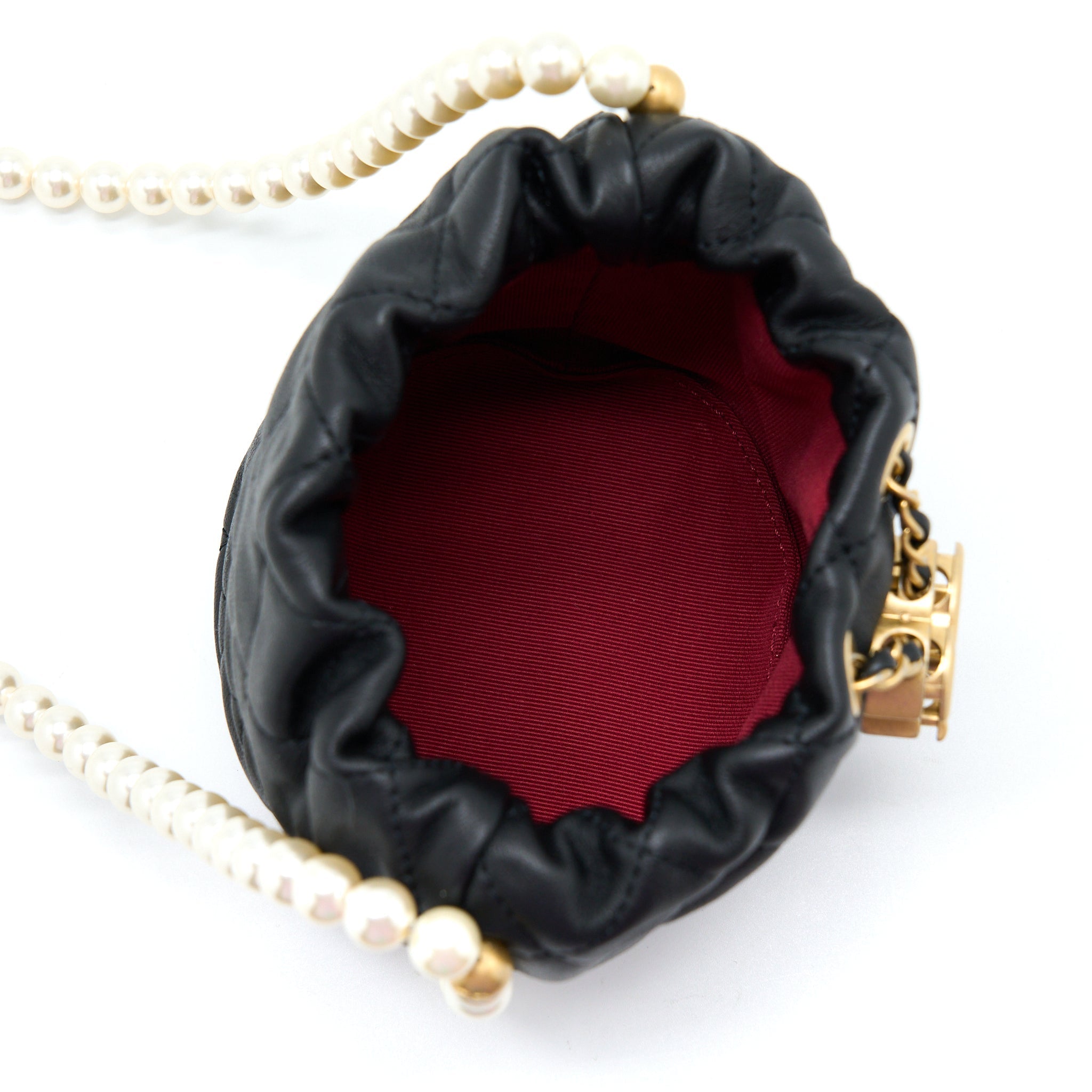 CHANEL MINI BUCKET BAG WITH PEARL CHAIN LAMBSKIN BLACK GHW