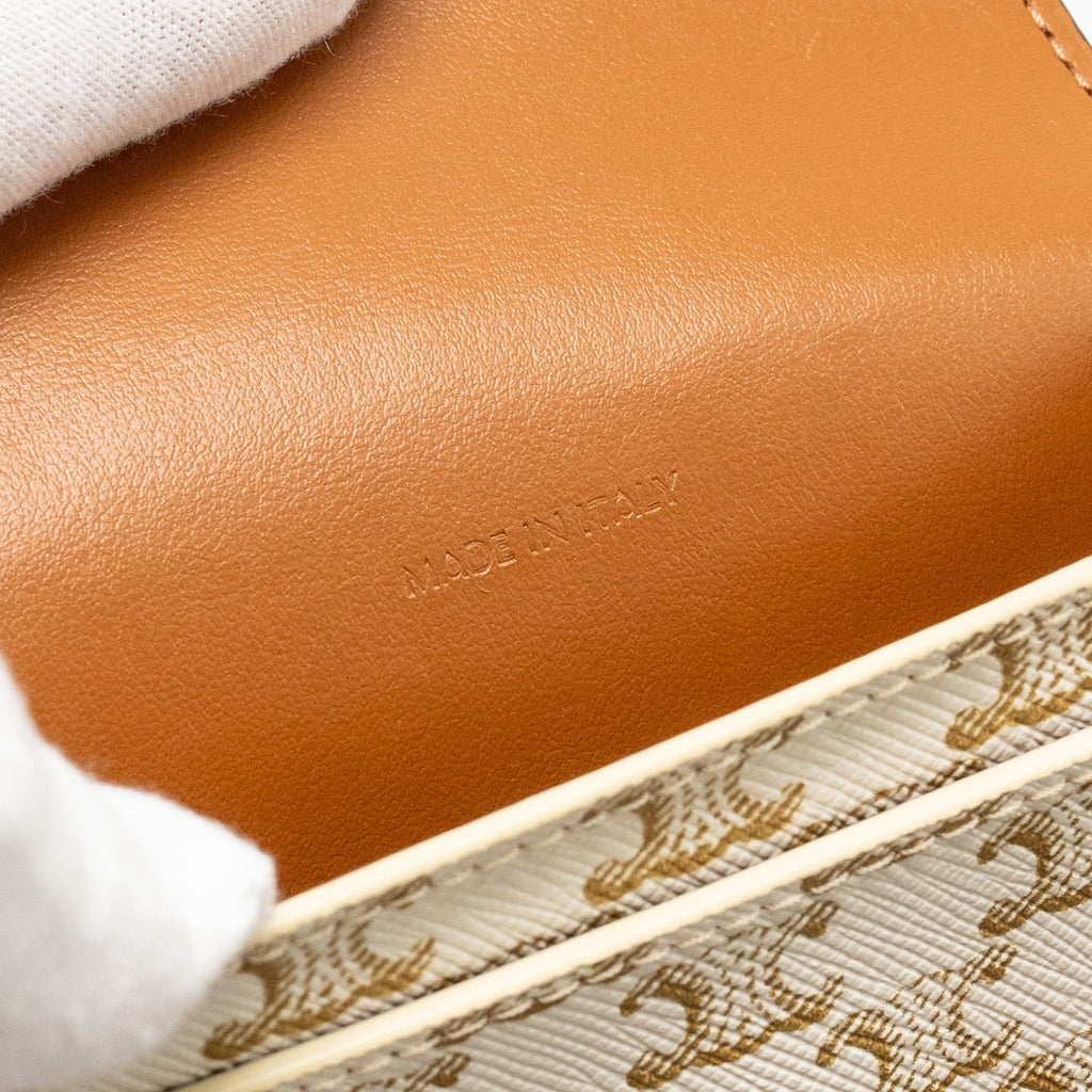 CELINE PHONE POUCH WITH FLAP TRIOMPHE CANVAS /LAMBSKIN WHITE/TAN