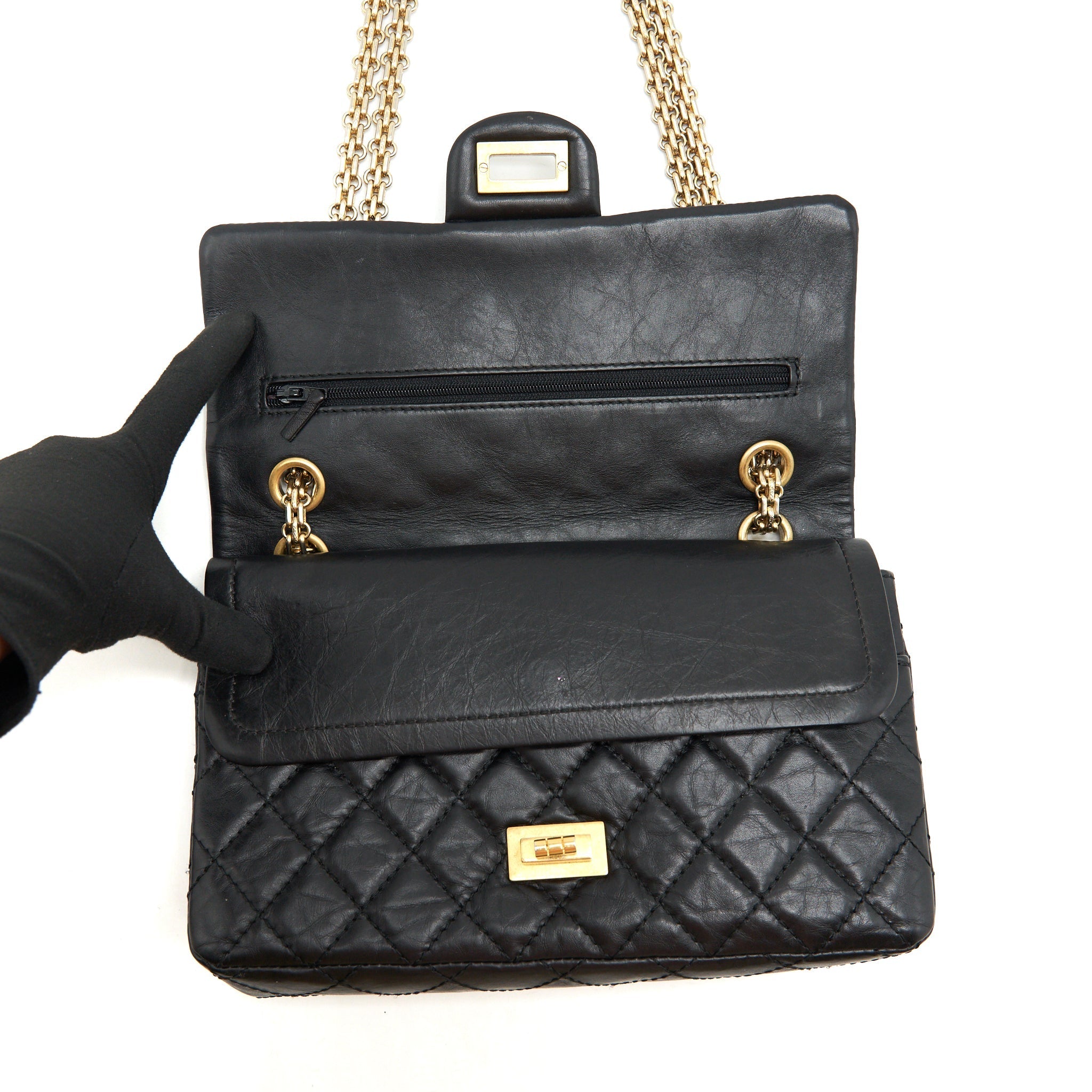 CHANEL 2.55 225 SMALL REISSUE DOUBLE FLAP BAG AGED CALFSKIN BLACK GHW