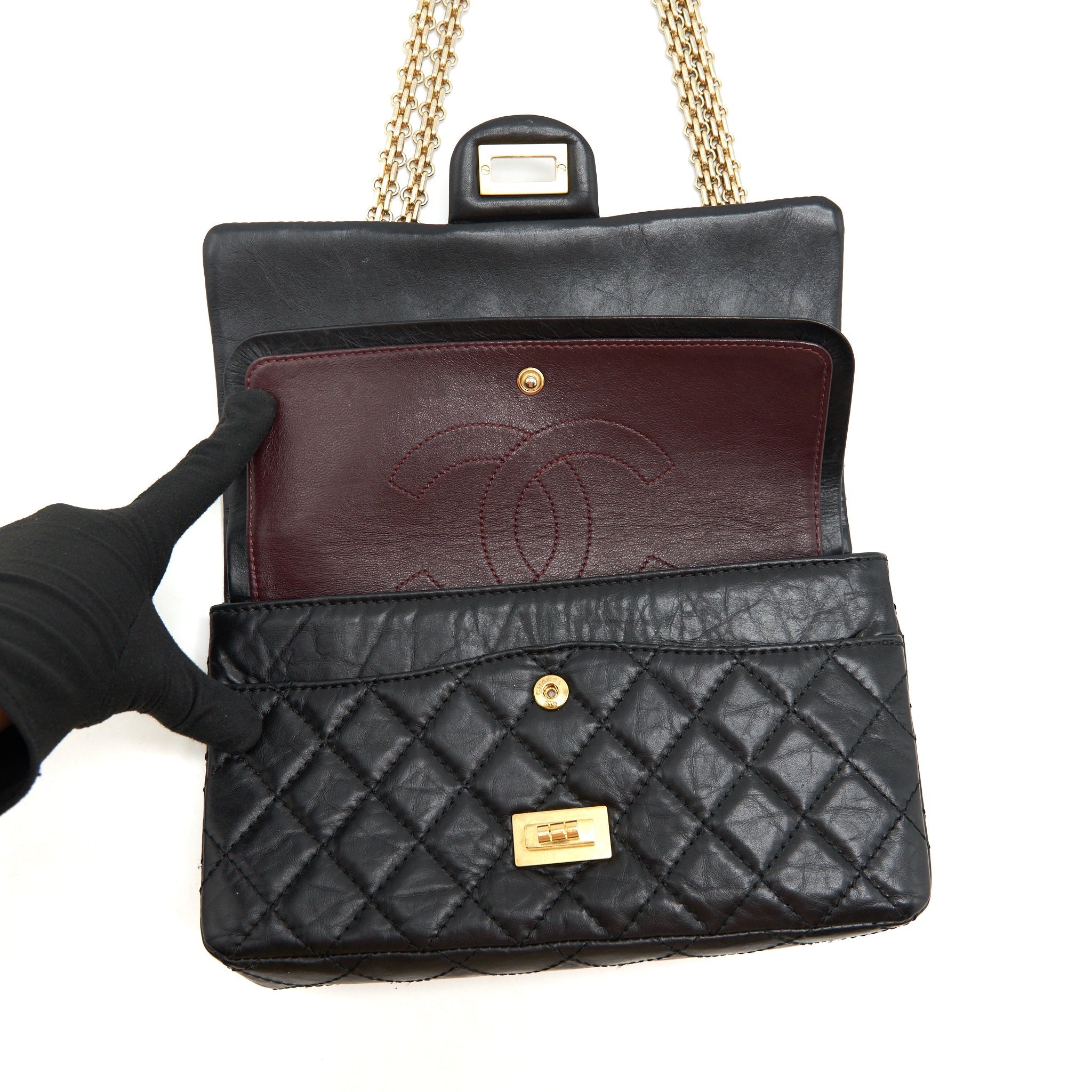 CHANEL 2.55 225 SMALL REISSUE DOUBLE FLAP BAG AGED CALFSKIN BLACK GHW