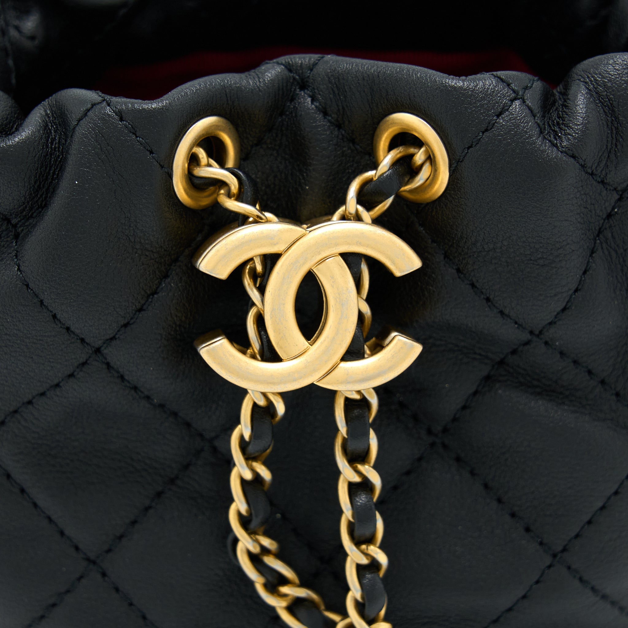 CHANEL MINI BUCKET BAG WITH PEARL CHAIN LAMBSKIN BLACK GHW