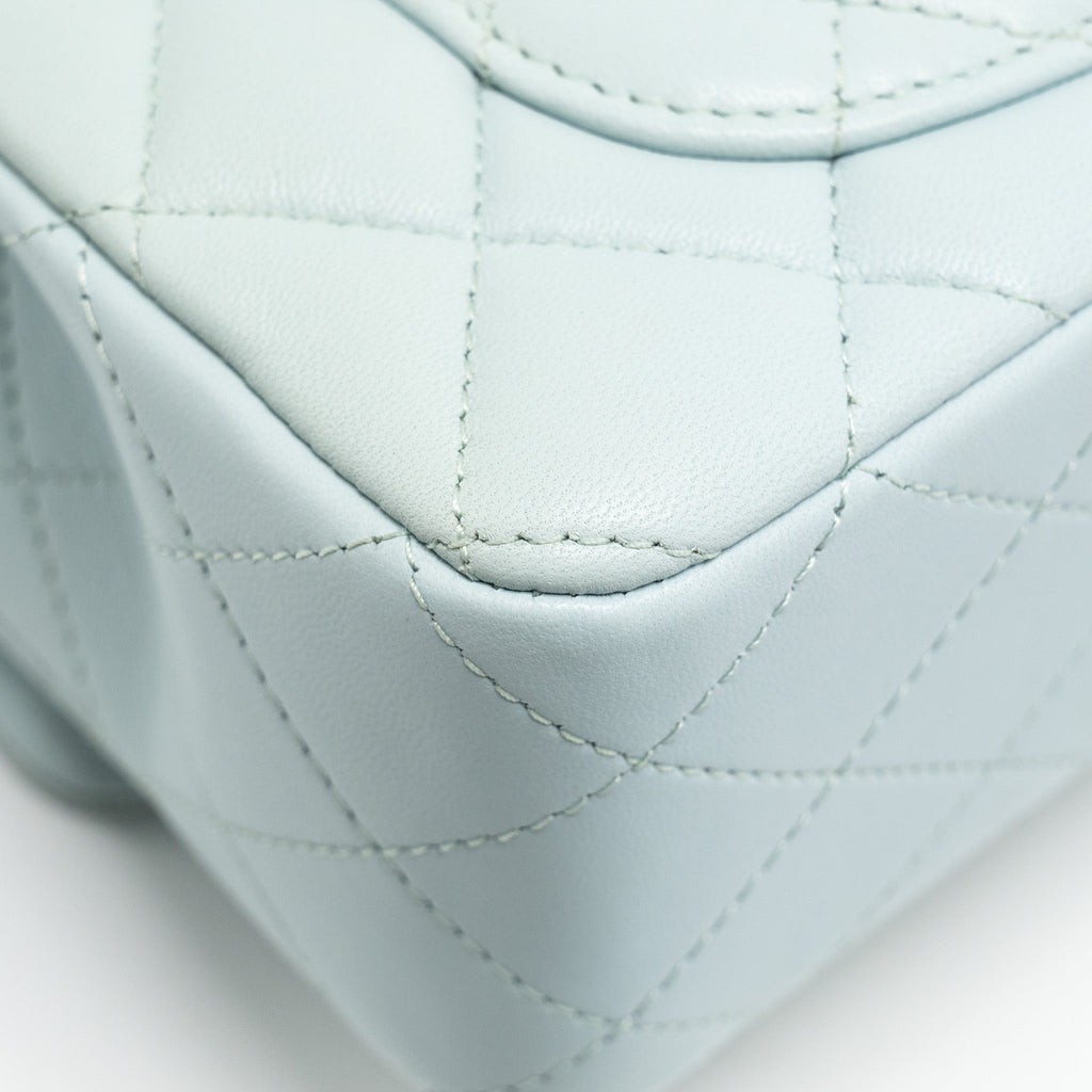 CHANEL TOP HANDLE MINI RECTANGULAR FLAP BAG LAMBSKIN LIGHT BLUE LGHW (MICROCHIP)