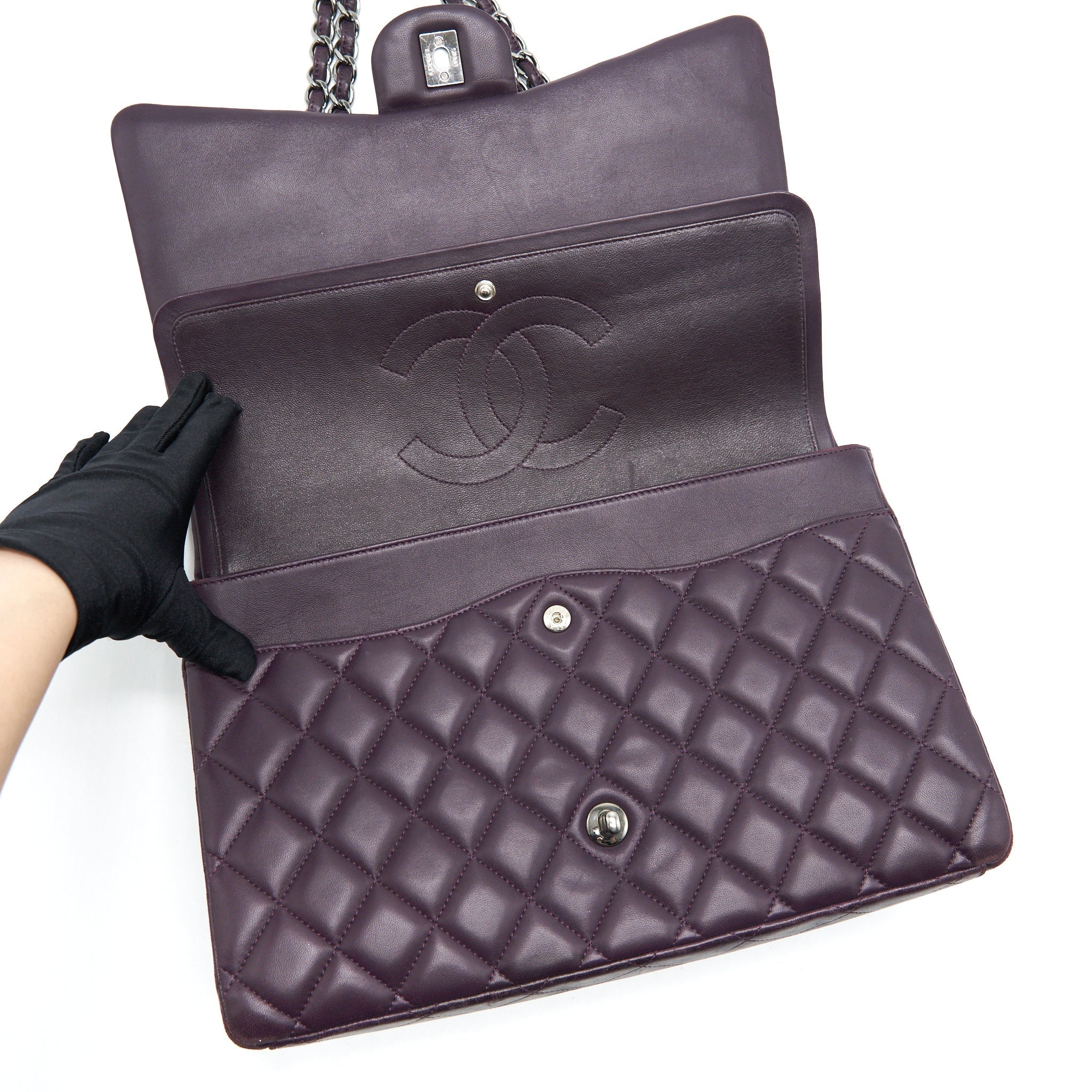 CHANEL MAXI DOUBLE FLAP BAG LAMBSKIN BURGUNDY SHW
