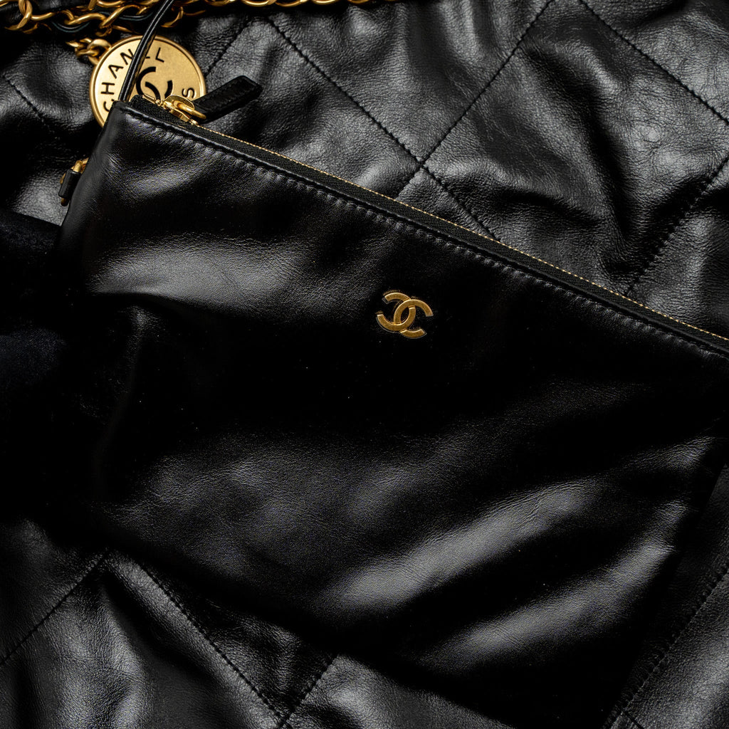 CHANEL MEDIUM 22 BAG GOLD LETTER SHINY CALFSKIN BLACK BRUSHED GHW (MICROCHIP)