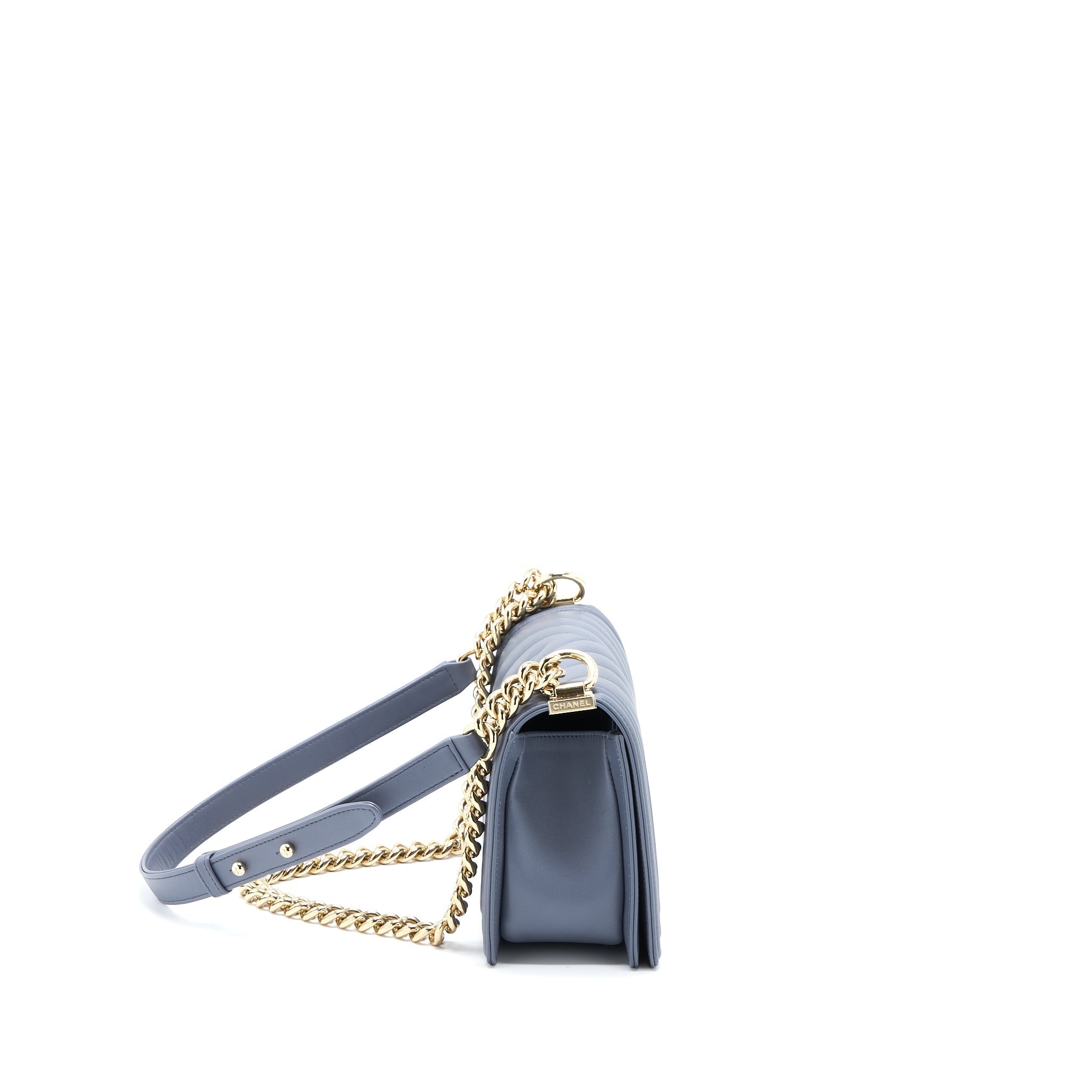 CHANEL MEDIUM BOY BAG CHEVRON CALFSKIN GREY LGHW