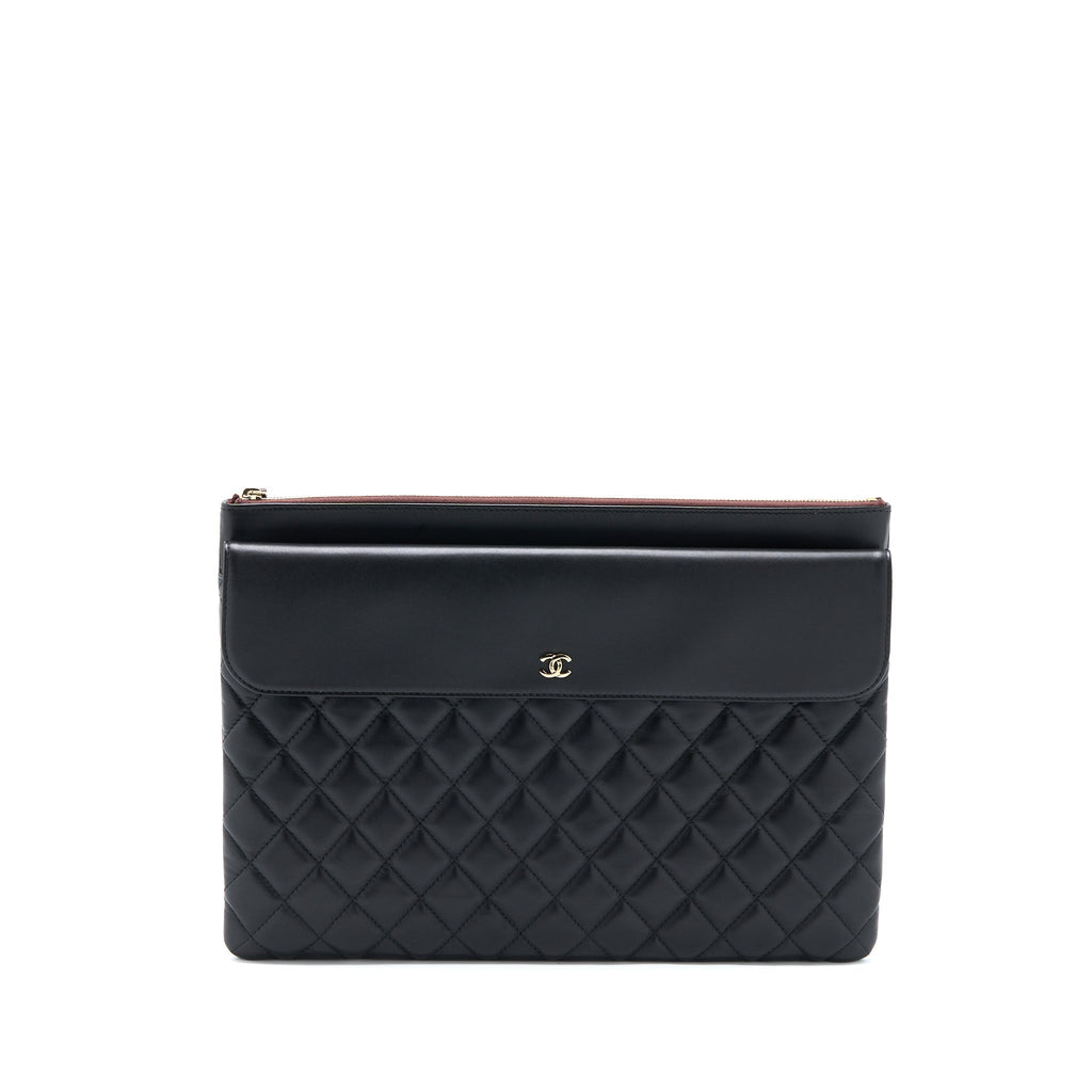 CHANEL QUILTED ZIP AND FLAP POUCH/CLUTCH LARGE MODEL LAMBSKIN BLACK LGHW