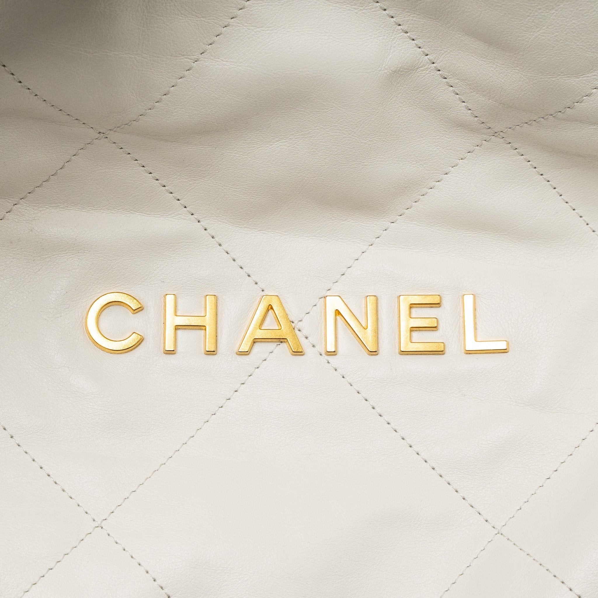 CHANEL SMALL 22 BAG GOLD LETTER SHINY CALFSKIN WHITE BRUSHED GHW (MICROCHIP)
