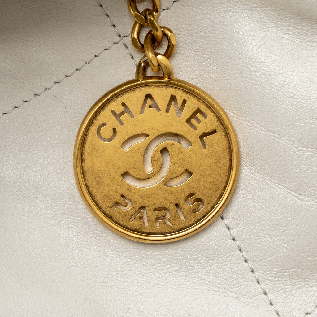 CHANEL SMALL 22 BAG GOLD LETTER SHINY CALFSKIN WHITE BRUSHED GHW (MICROCHIP)