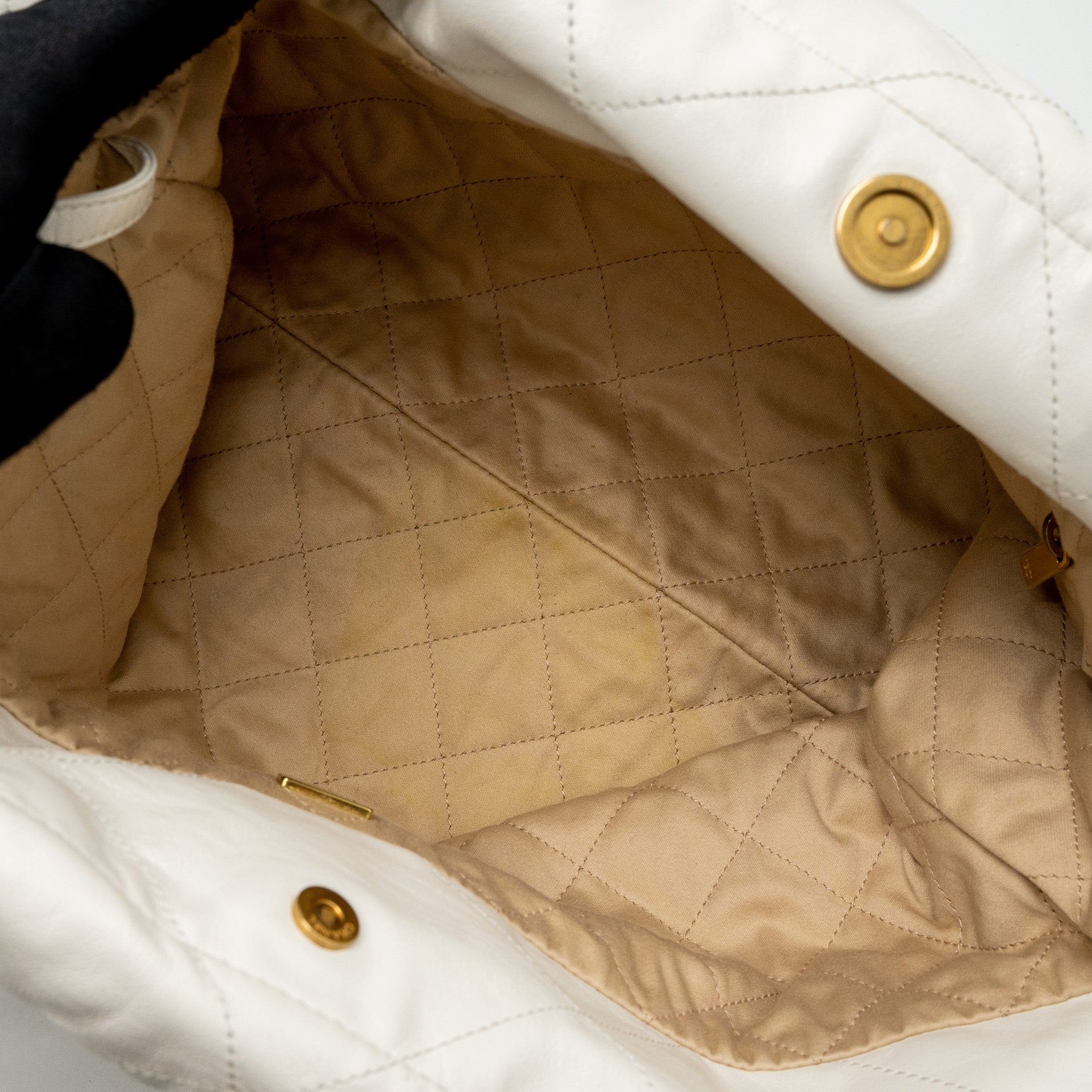 CHANEL SMALL 22 BAG GOLD LETTER SHINY CALFSKIN WHITE BRUSHED GHW (MICROCHIP)