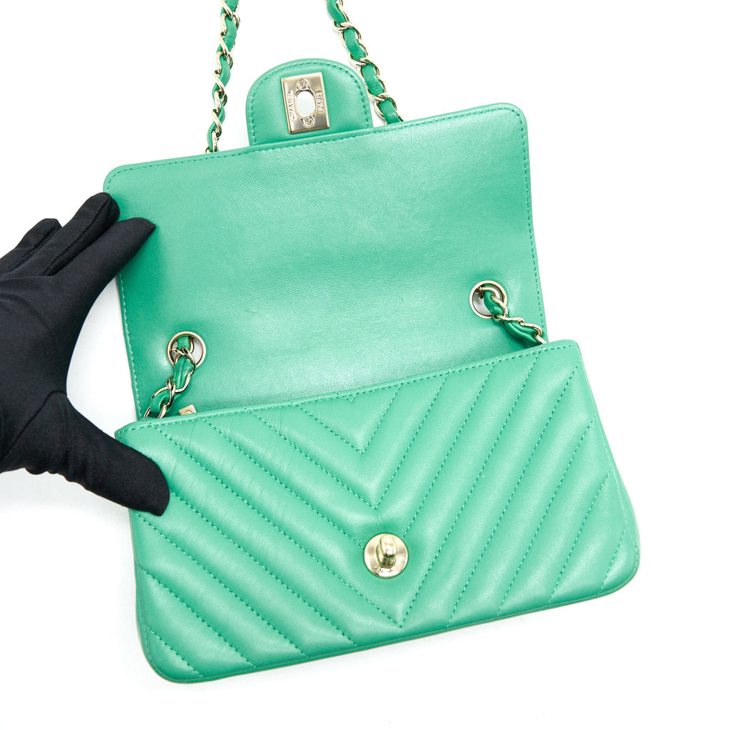 CHANEL CHEVRON MINI RECTANGULAR GREEN WITH LGHW
