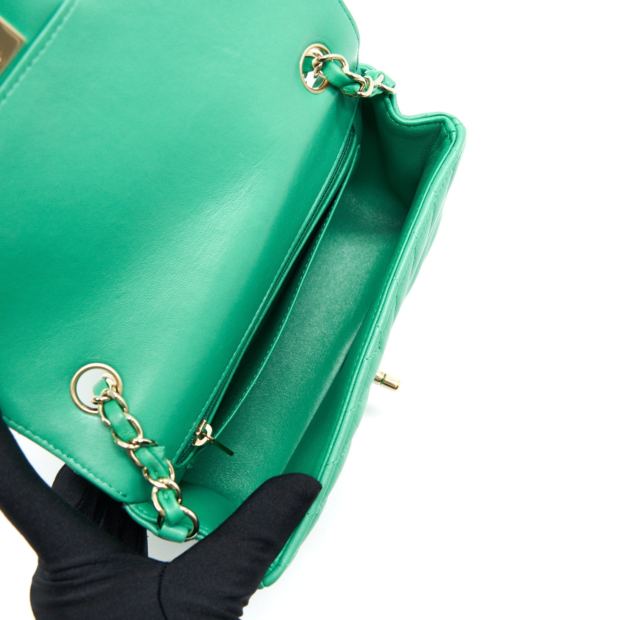 CHANEL CHEVRON MINI RECTANGULAR GREEN WITH LGHW