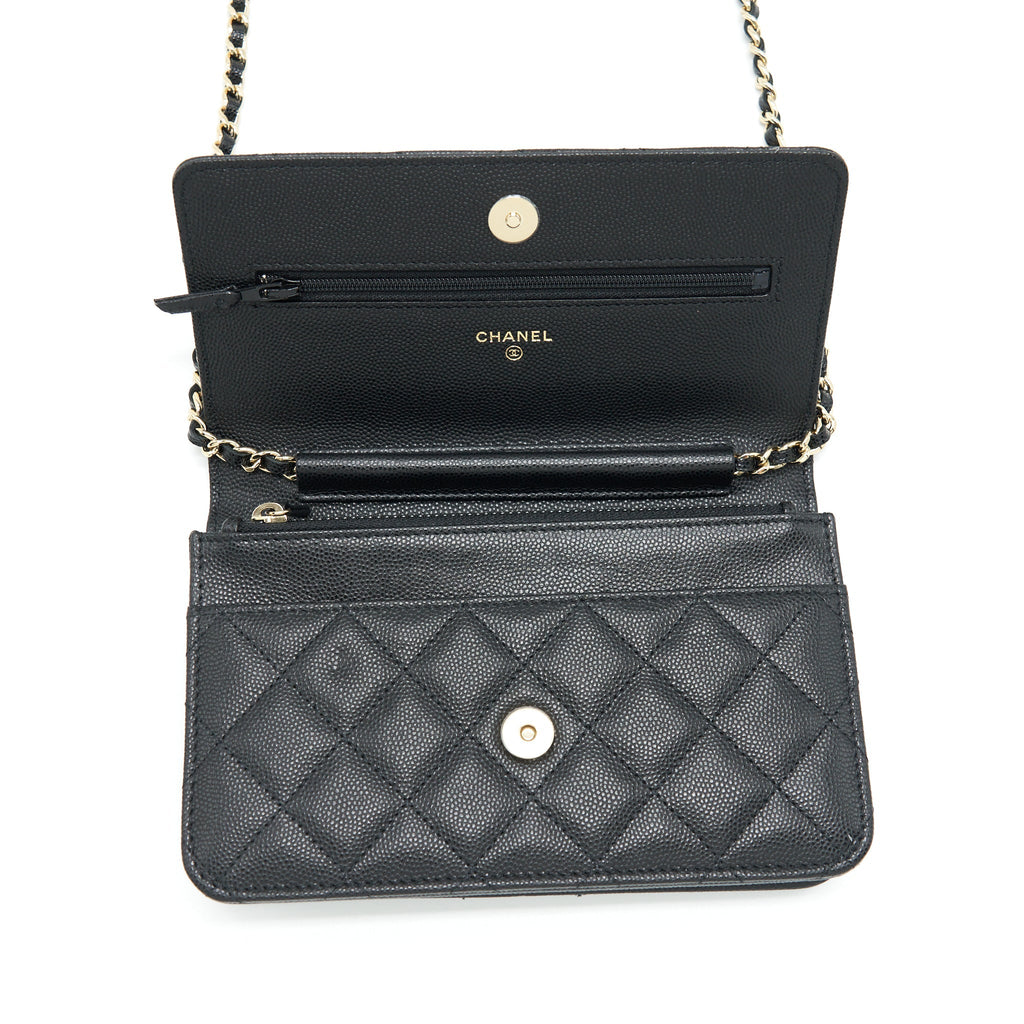 CHANEL 22S DETAILED LOGO WALLET ON CHAIN CAVIAR BLACK LGHW