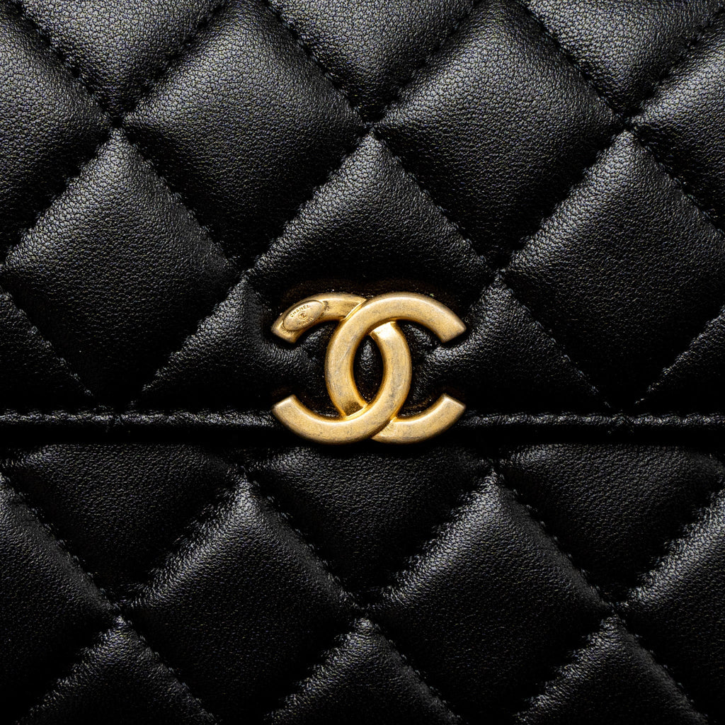 CHANEL 22B FLAP BAG ENAMEL TOP HANDLE LAMBSKIN BLACK BRUSHED GHW (MICROCHIP)