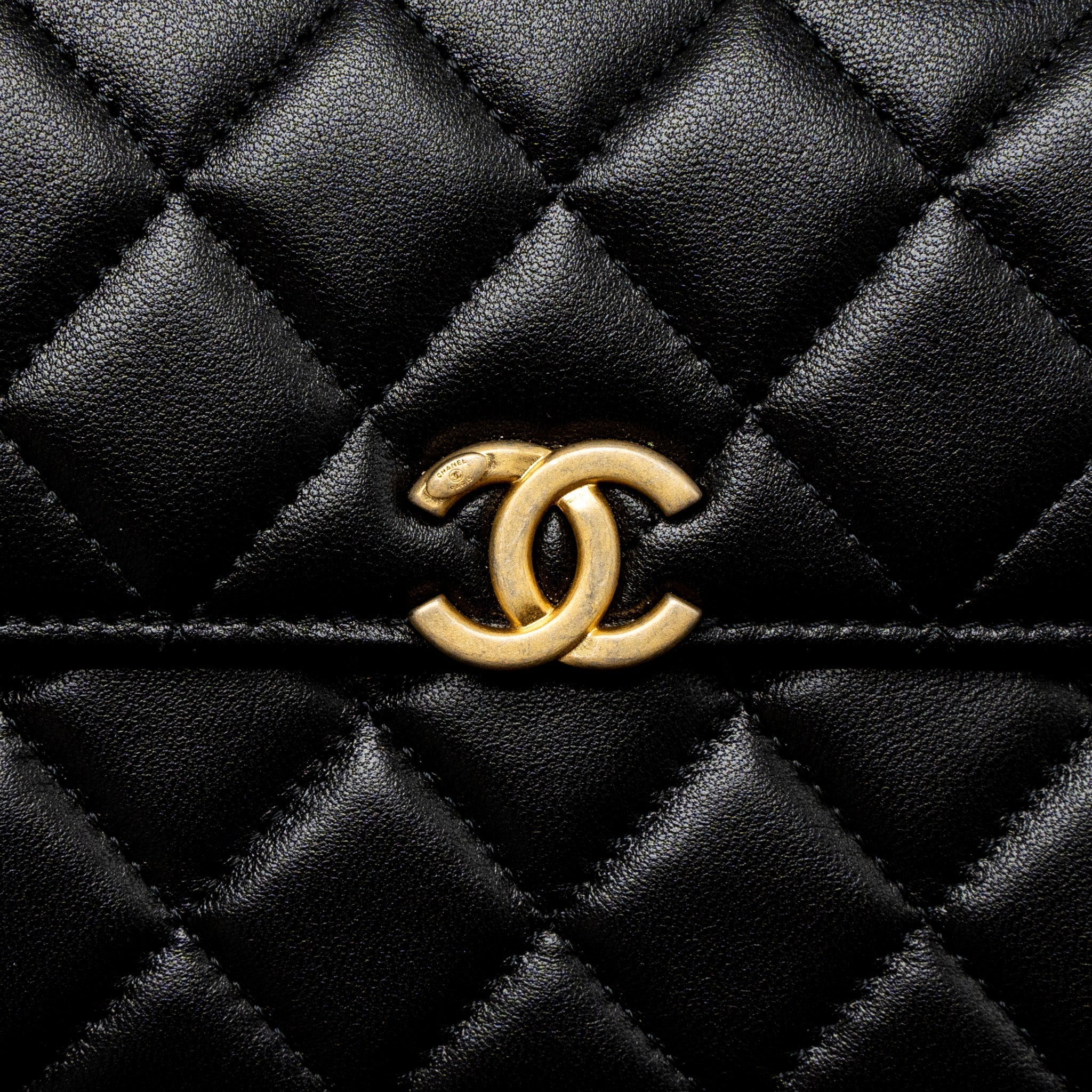 CHANEL 22B FLAP BAG ENAMEL TOP HANDLE LAMBSKIN BLACK BRUSHED GHW (MICROCHIP)