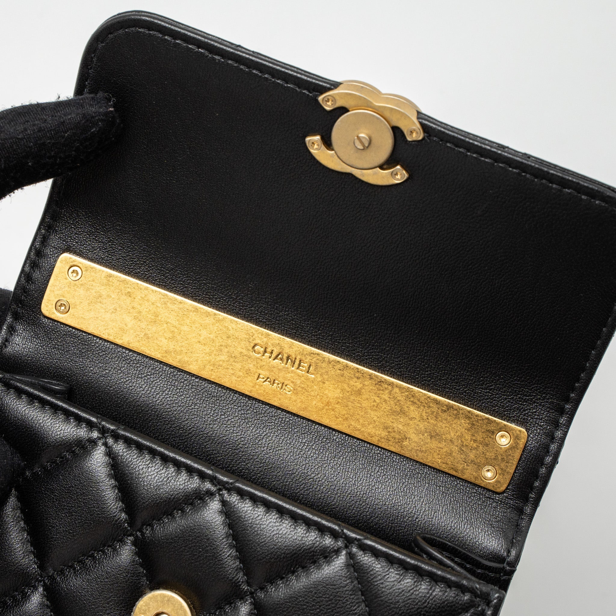CHANEL 22B FLAP BAG ENAMEL TOP HANDLE LAMBSKIN BLACK BRUSHED GHW (MICROCHIP)
