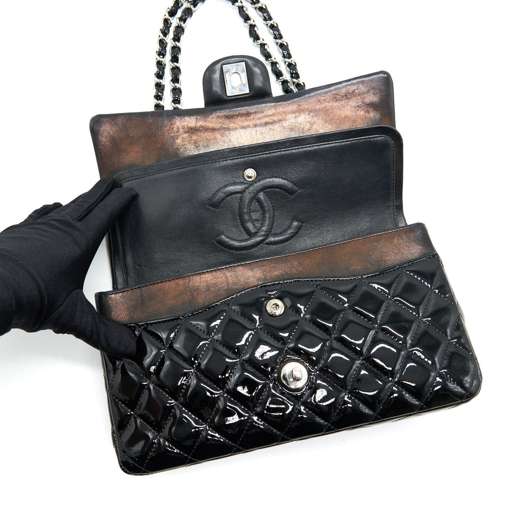CHANEL PATENT LEATHER MEDIUM CLASSIC DOUBLE FLAP BAG BLACK SHW