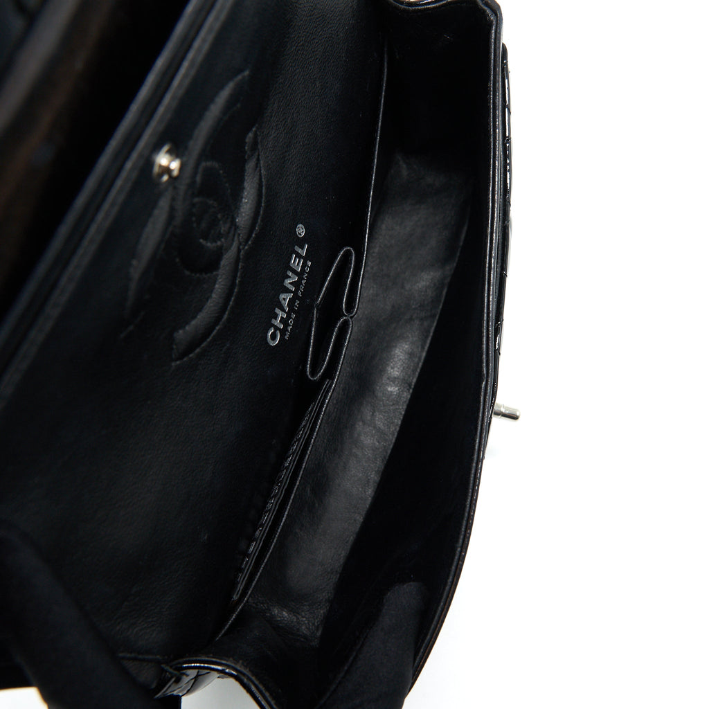 CHANEL PATENT LEATHER MEDIUM CLASSIC DOUBLE FLAP BAG BLACK SHW