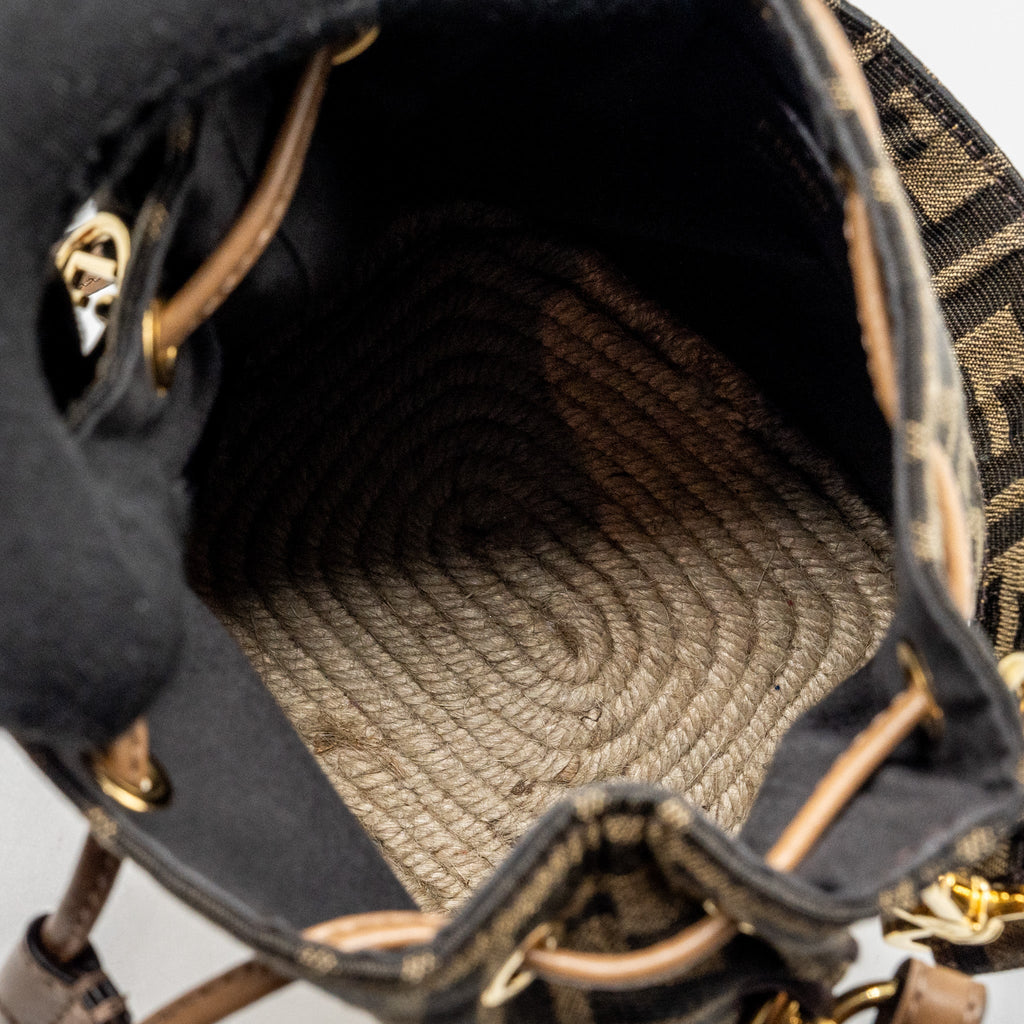 FENDI MINI MON TRESOR BUCKET BAG FF JACQUARD FABRIC/CALFSKIN BROWN GHW