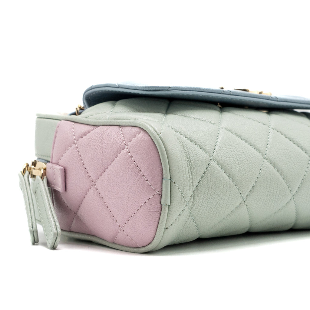 CHANEL SMALL CAMERA BAG GOATSKIN MULTICOLOR GREEN / BLUE / PINK LGHW