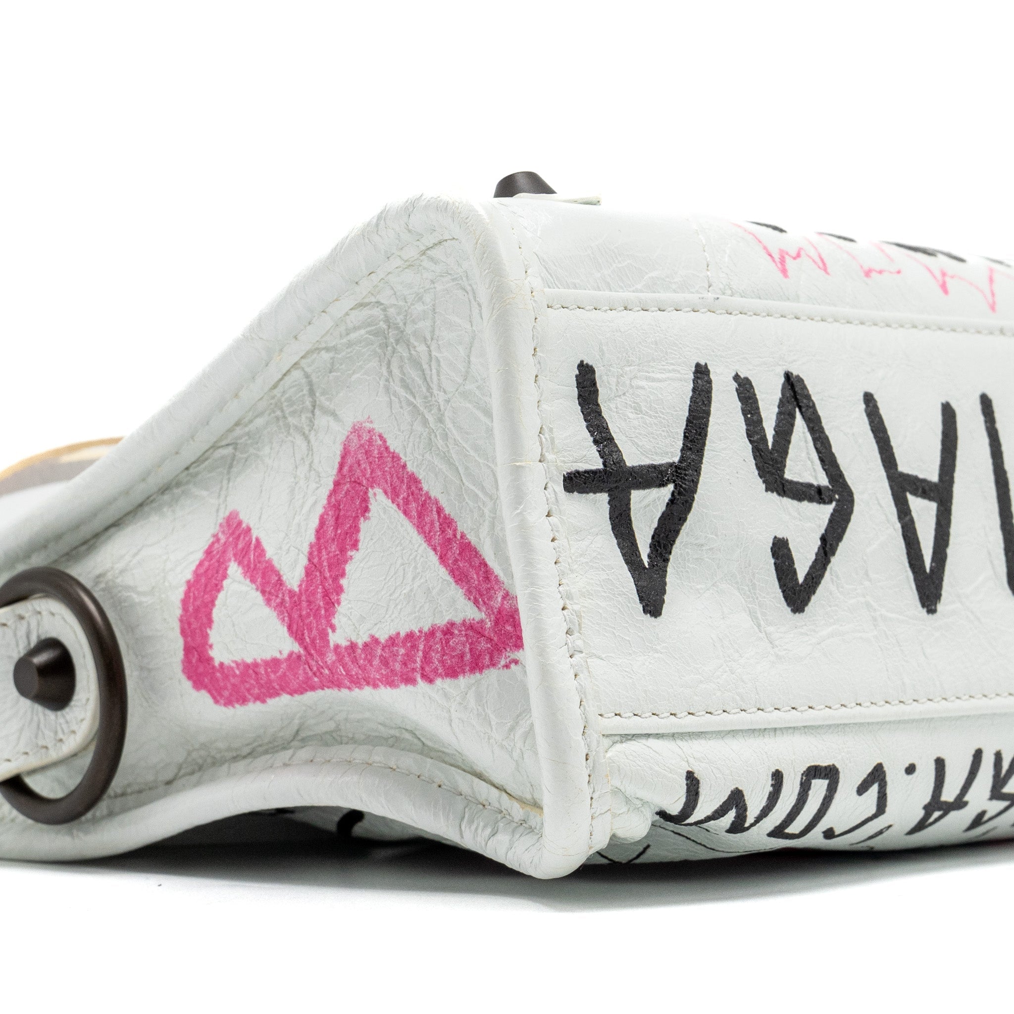 BALENCIAGA CITY GRAFFITI CLASSIC STUDS BAG LEATHER WHITE / PINK/ BLACK WITH BLACK HARDWARE