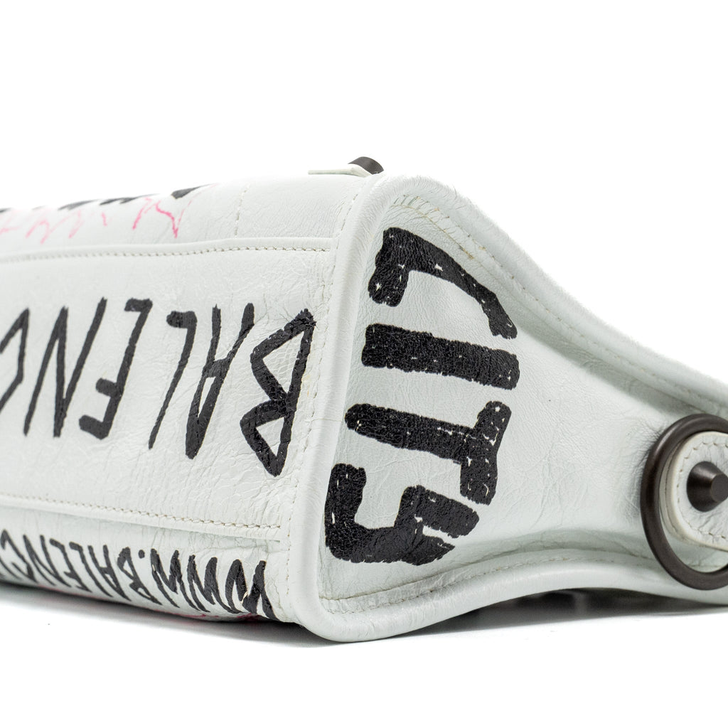 BALENCIAGA CITY GRAFFITI CLASSIC STUDS BAG LEATHER WHITE / PINK/ BLACK WITH BLACK HARDWARE
