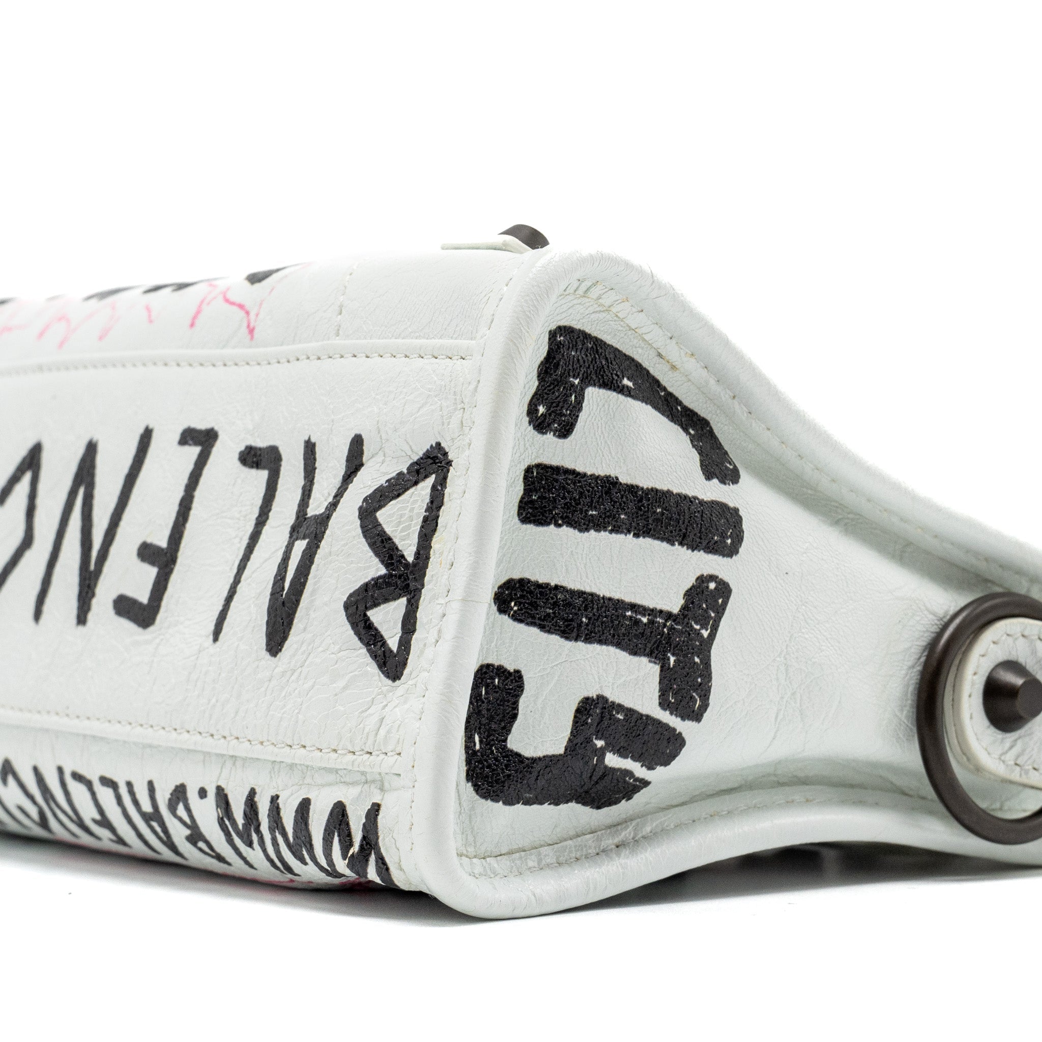 BALENCIAGA CITY GRAFFITI CLASSIC STUDS BAG LEATHER WHITE / PINK/ BLACK WITH BLACK HARDWARE