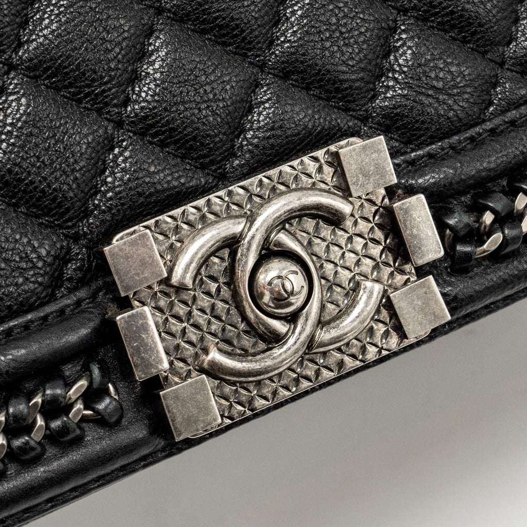 CHANEL TOP HANDLE BOY BAG LIMITED EDITION GRAINED CALFSKIN BLACK RUTHENIUM SILVER HARDWARE