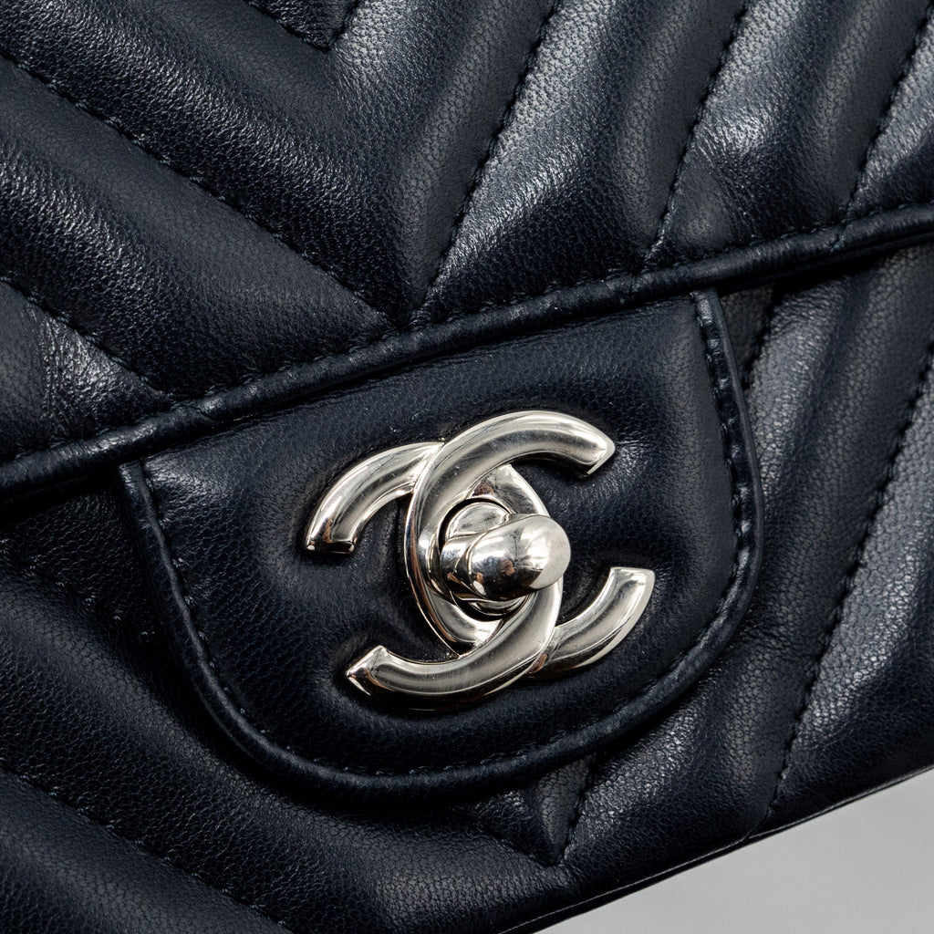 CHANEL MINI RECTANGULAR FLAP BAG CHEVRON LAMBSKIN NAVY SHW