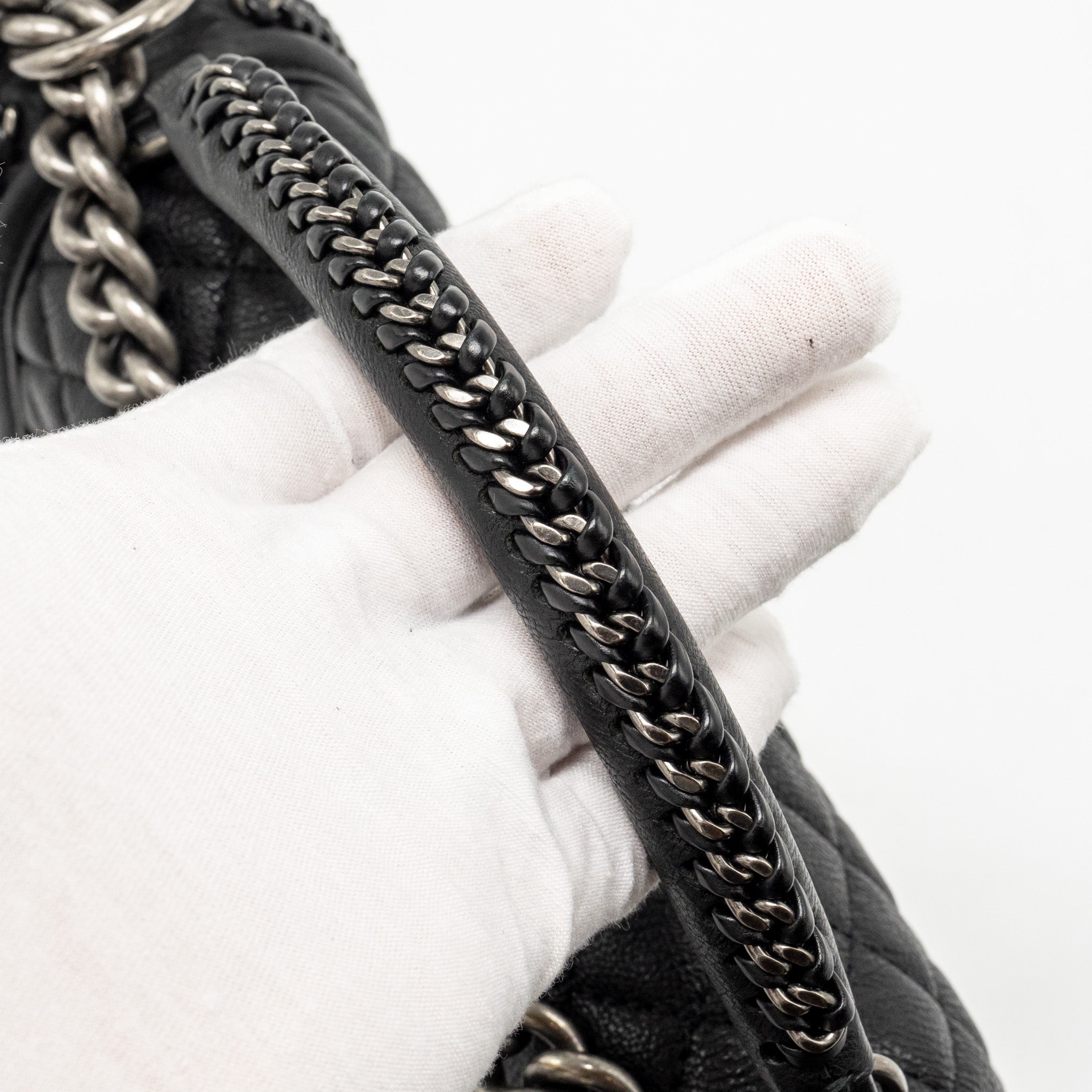 CHANEL TOP HANDLE BOY BAG LIMITED EDITION GRAINED CALFSKIN BLACK RUTHENIUM SILVER HARDWARE