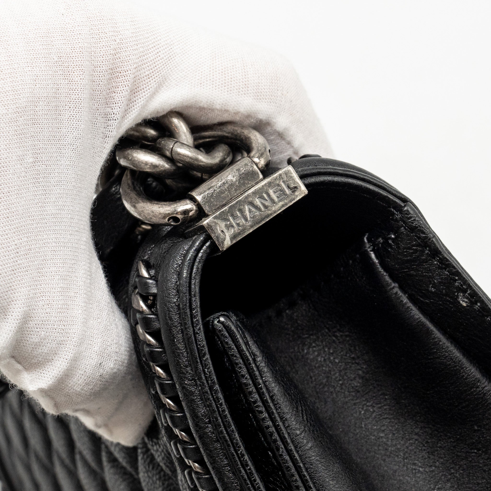 CHANEL TOP HANDLE BOY BAG LIMITED EDITION GRAINED CALFSKIN BLACK RUTHENIUM SILVER HARDWARE