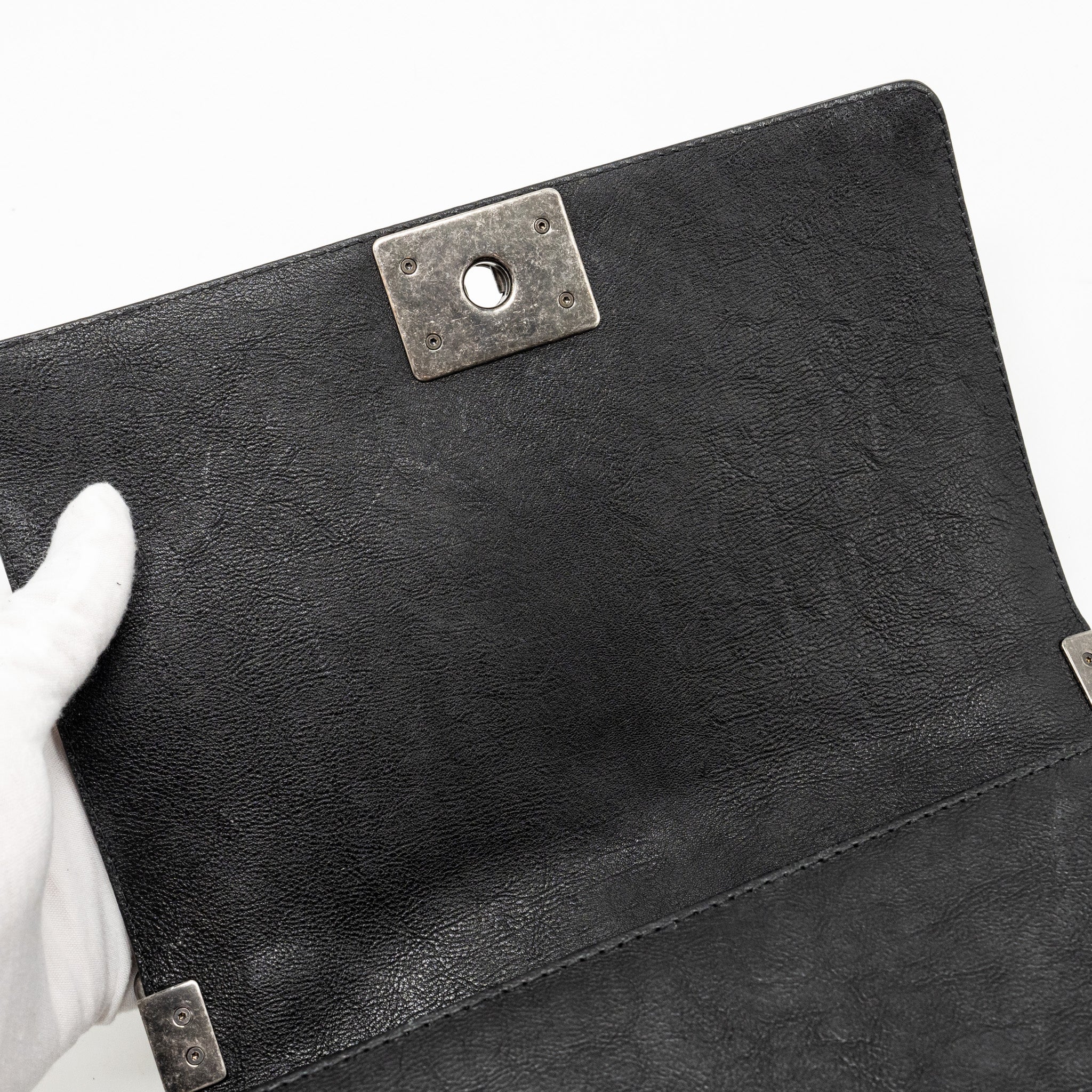 CHANEL TOP HANDLE BOY BAG LIMITED EDITION GRAINED CALFSKIN BLACK RUTHENIUM SILVER HARDWARE