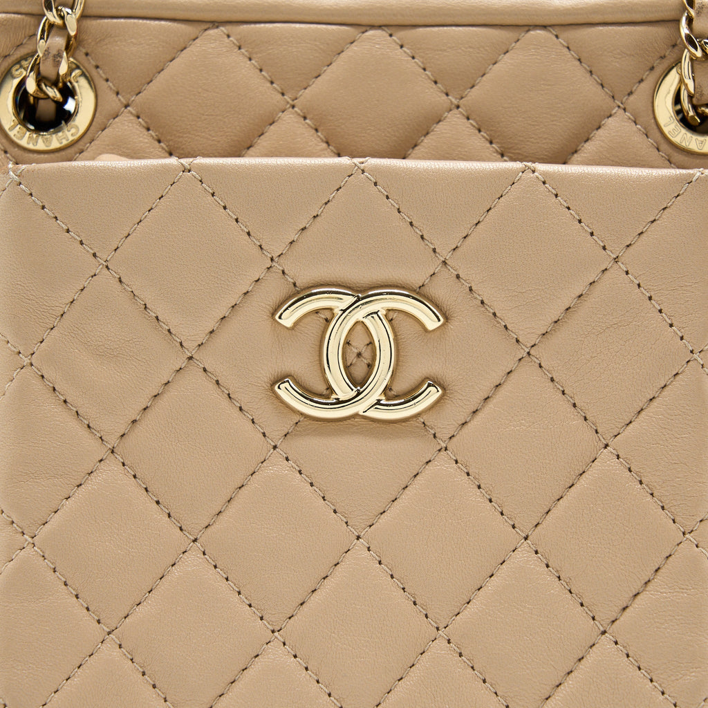 CHANEL SMALL VERTICAL CAMERA BAG WITH CHAIN LAMBSKIN BEIGE LGHW
