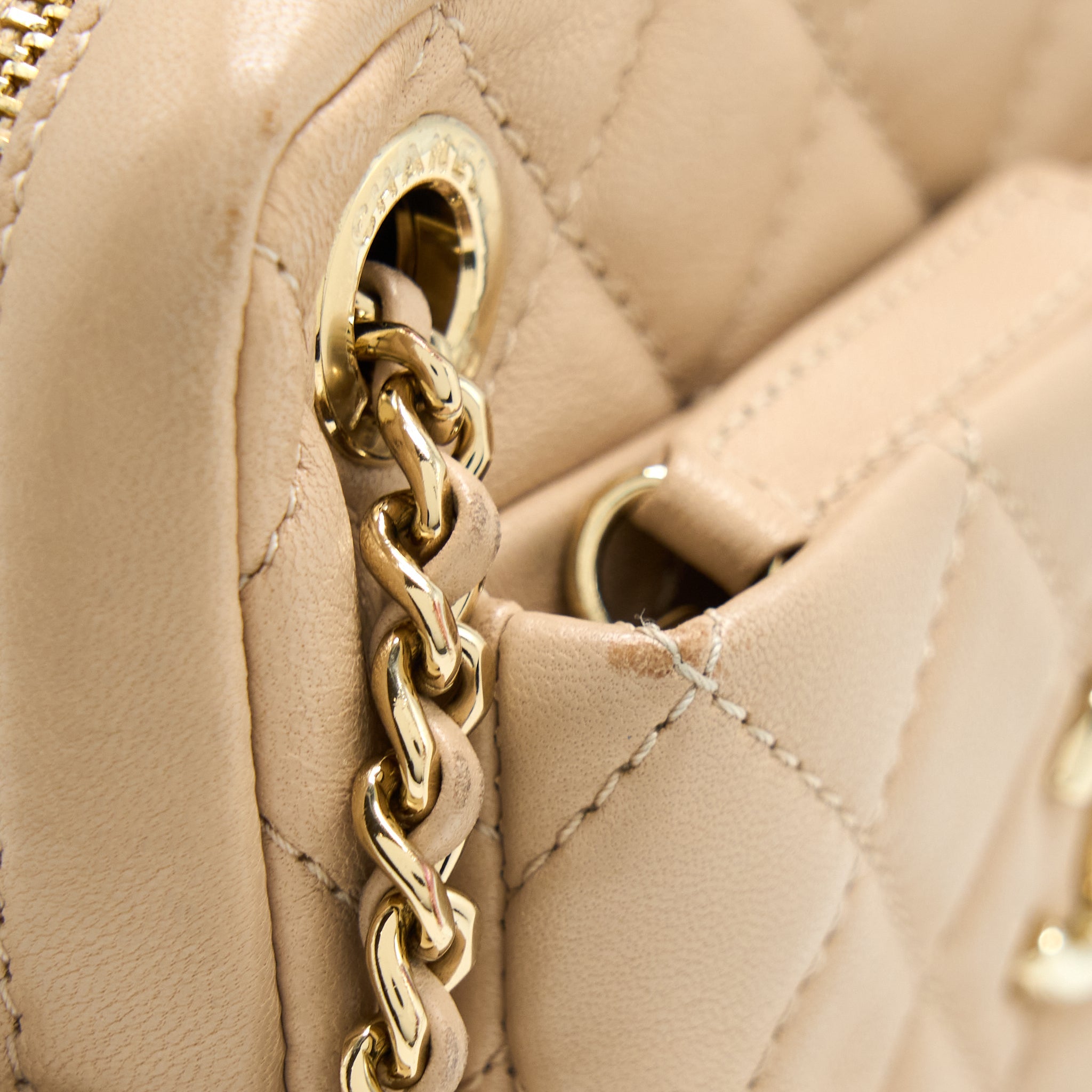 CHANEL SMALL VERTICAL CAMERA BAG WITH CHAIN LAMBSKIN BEIGE LGHW