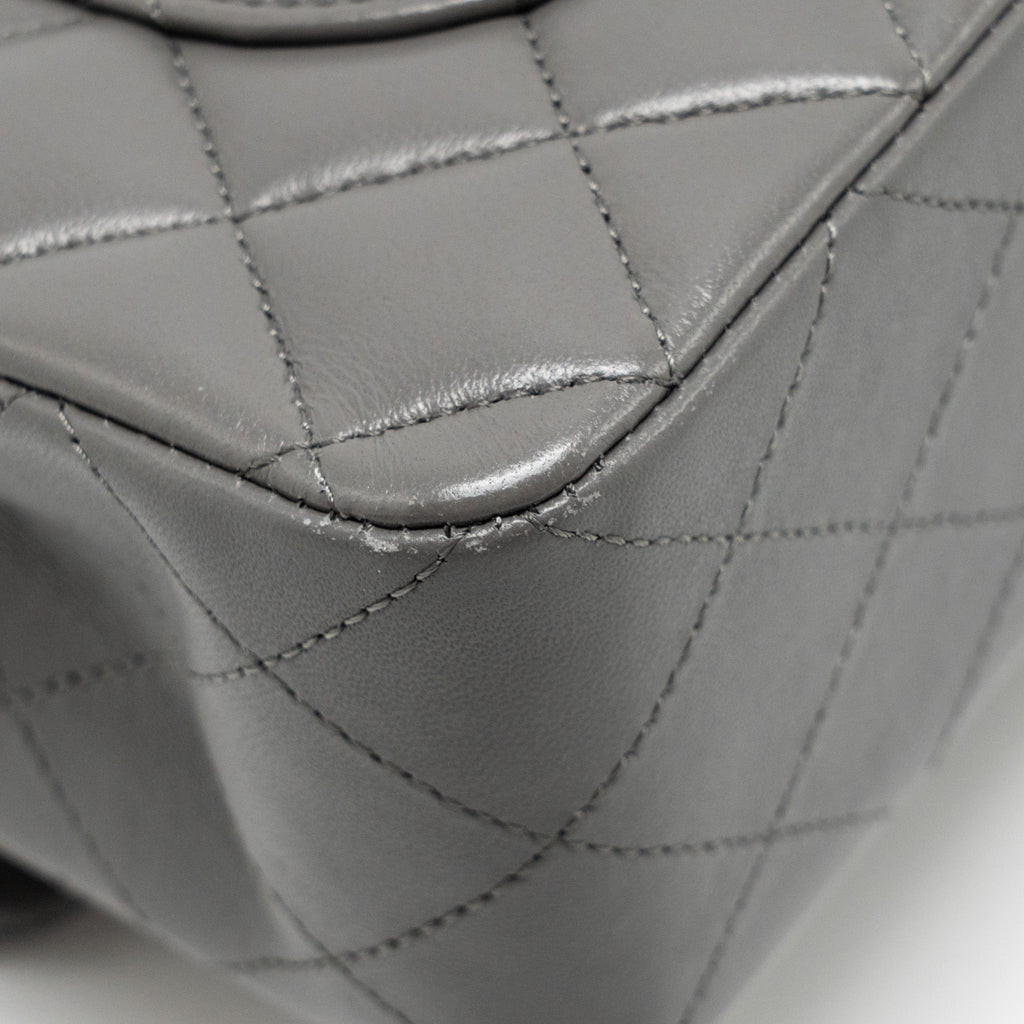 CHANEL SMALL CLASSIC DOUBLE FLAP BAG LAMBSKIN GREY LGHW (MICROCHIP)
