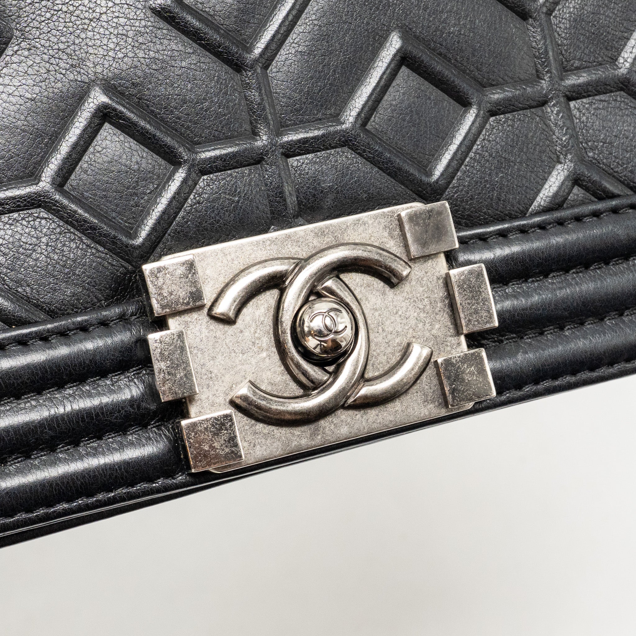 CHANEL SMALL BOY BAG ARABESQUE CALFSKIN BLACK RUTHENIUM SHW