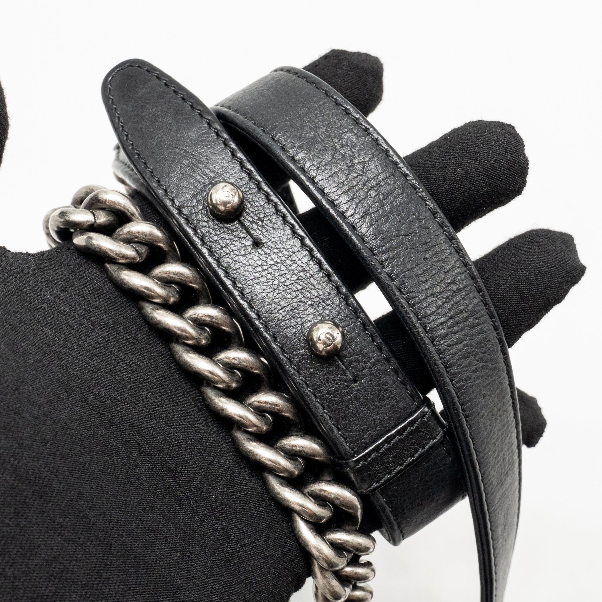 CHANEL SMALL BOY BAG ARABESQUE CALFSKIN BLACK RUTHENIUM SHW