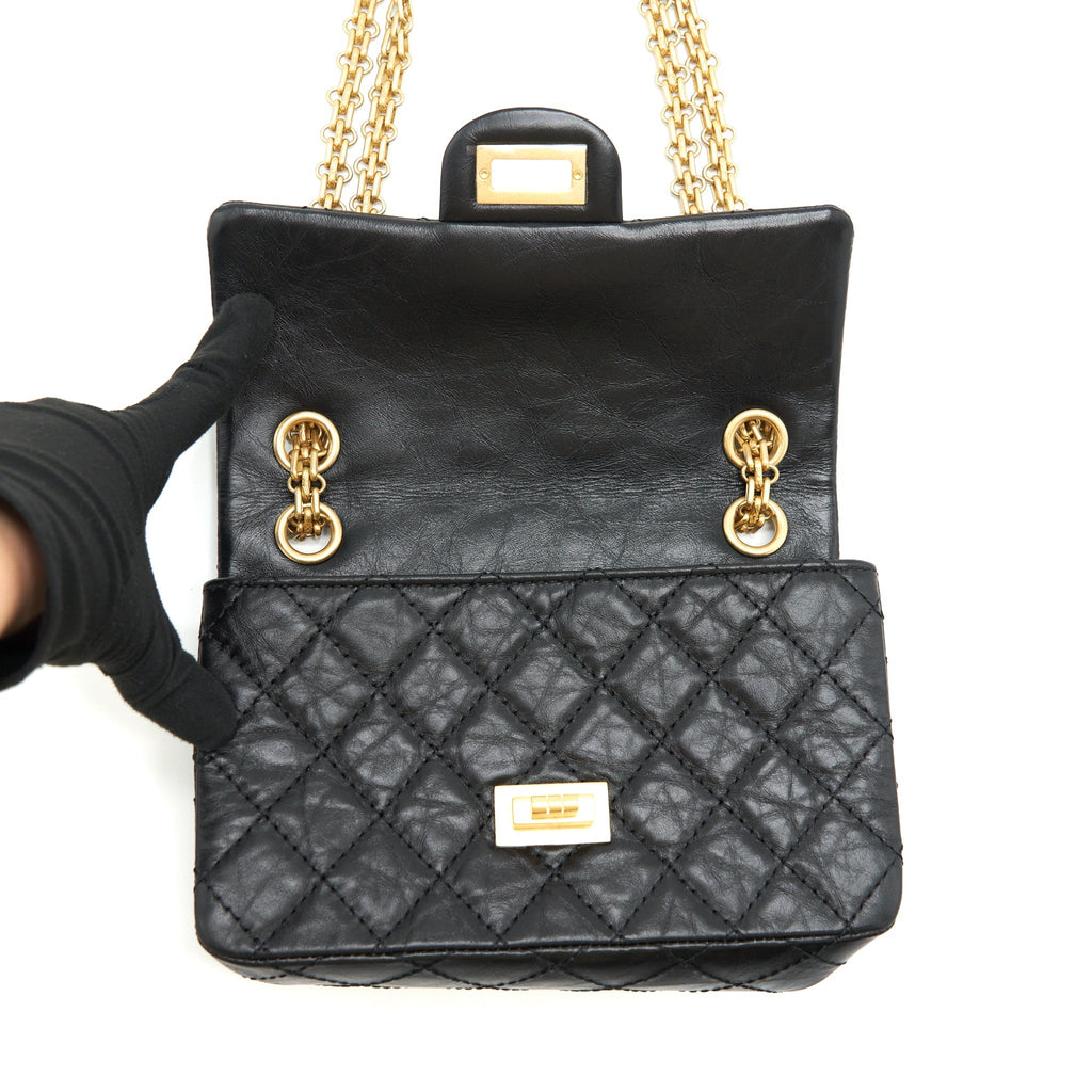 CHANEL MINI 2.55 REISSUE FLAP BAG AGED CALFSKIN BLACK BRUSHED GHW (MICROCHIP)