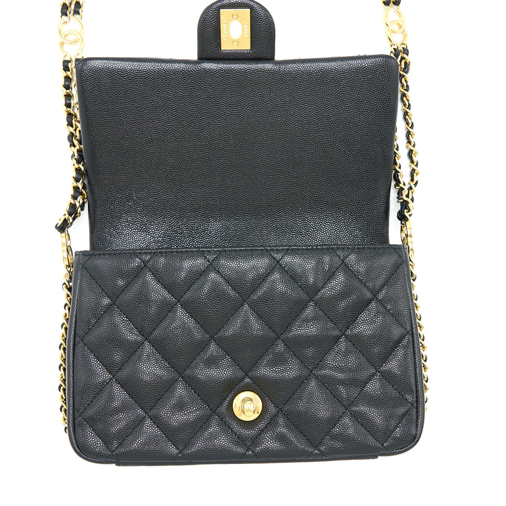 CHANEL 23C MINI FLAP BAG WITH CC LOGO CHAIN GRAINED CALFSKIN BLACK GHW (MICROCHIP)