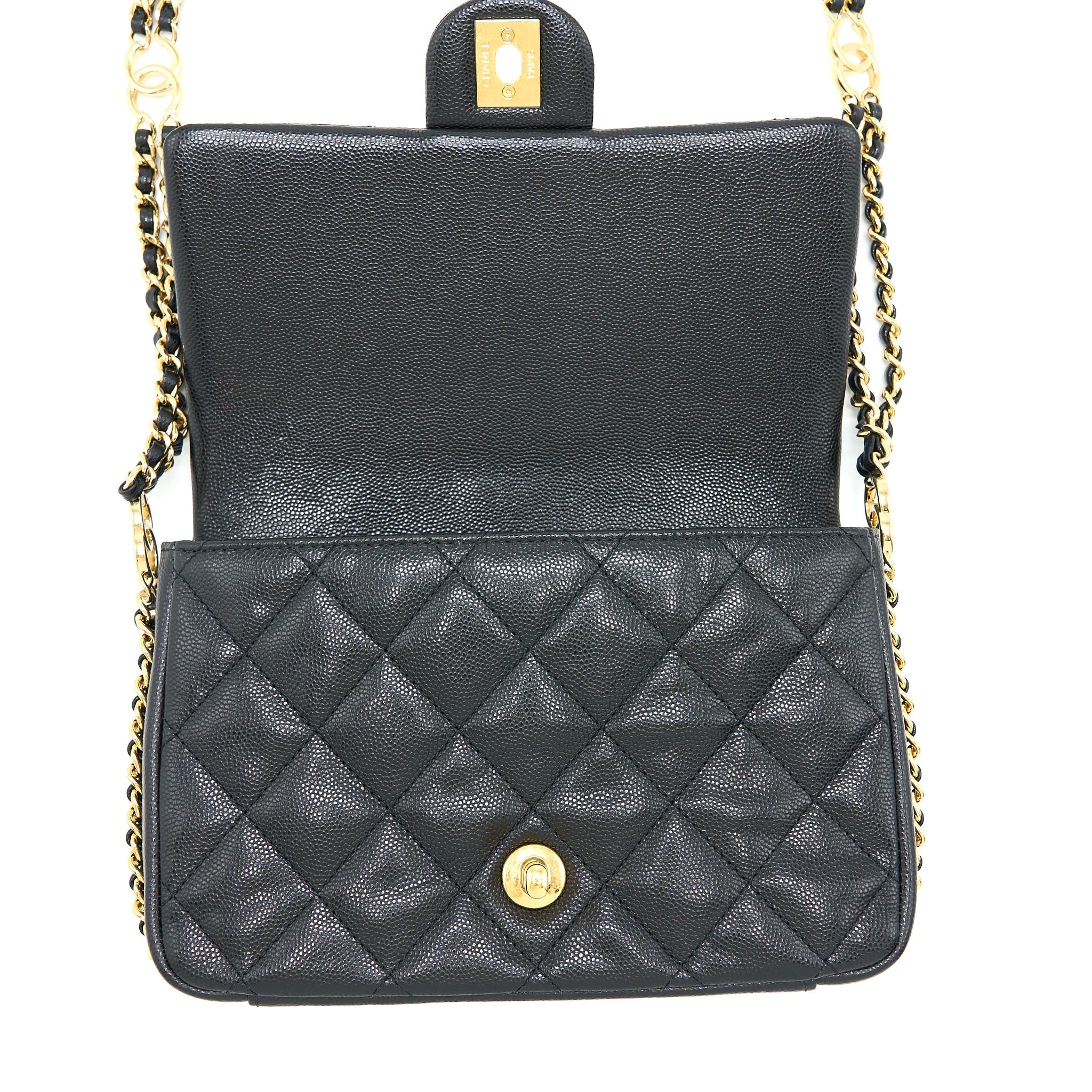 CHANEL 23C MINI FLAP BAG WITH CC LOGO CHAIN GRAINED CALFSKIN BLACK GHW (MICROCHIP)