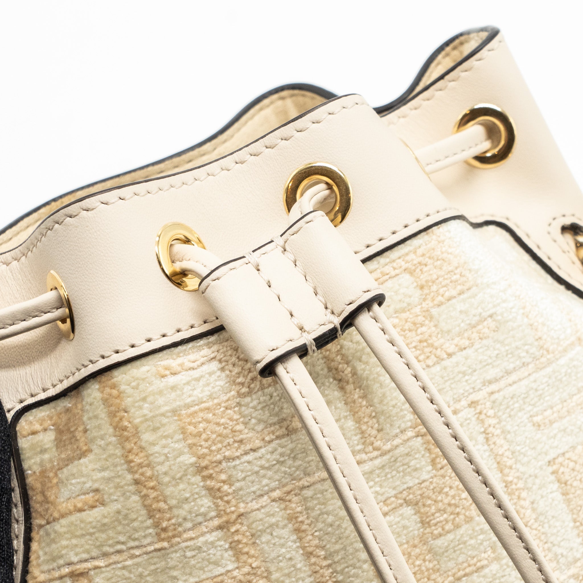 FENDI MINI MON TRESOR BUCKET BAG FABRIC / LEATHER CREAM LGHW