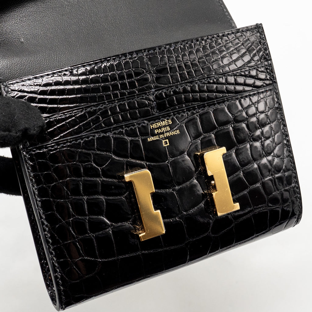 HERMES CONSTANCE COMPACT WALLET SHINY ALLIGATOR MISSISSIPPIENSIS BLACK GHW
