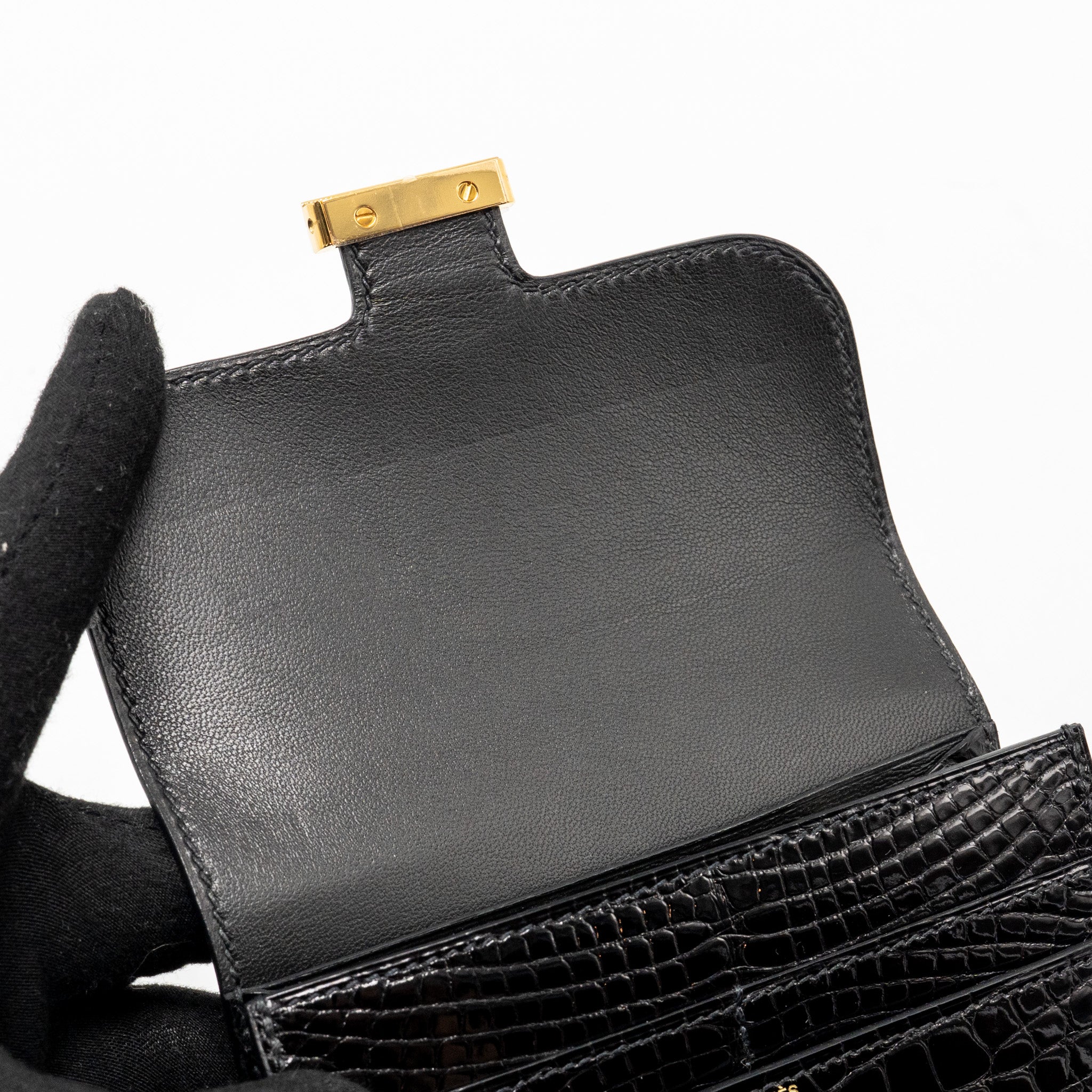 HERMES CONSTANCE COMPACT WALLET SHINY ALLIGATOR MISSISSIPPIENSIS BLACK GHW