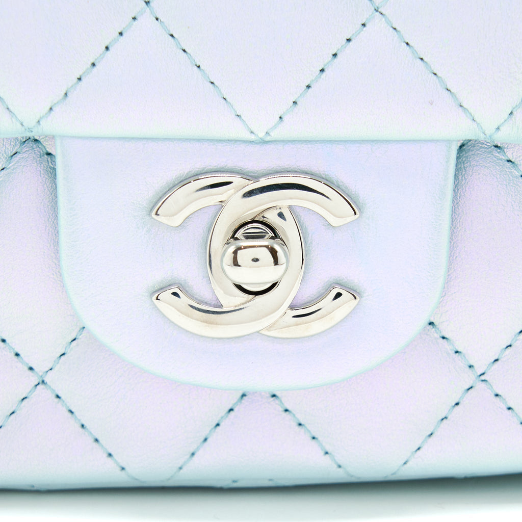CHANEL 21K MINI RECTANGULAR FLAP BAG CALFSKIN IRIDESCENT LIGHT BLUE SHW (MICROCHIP)